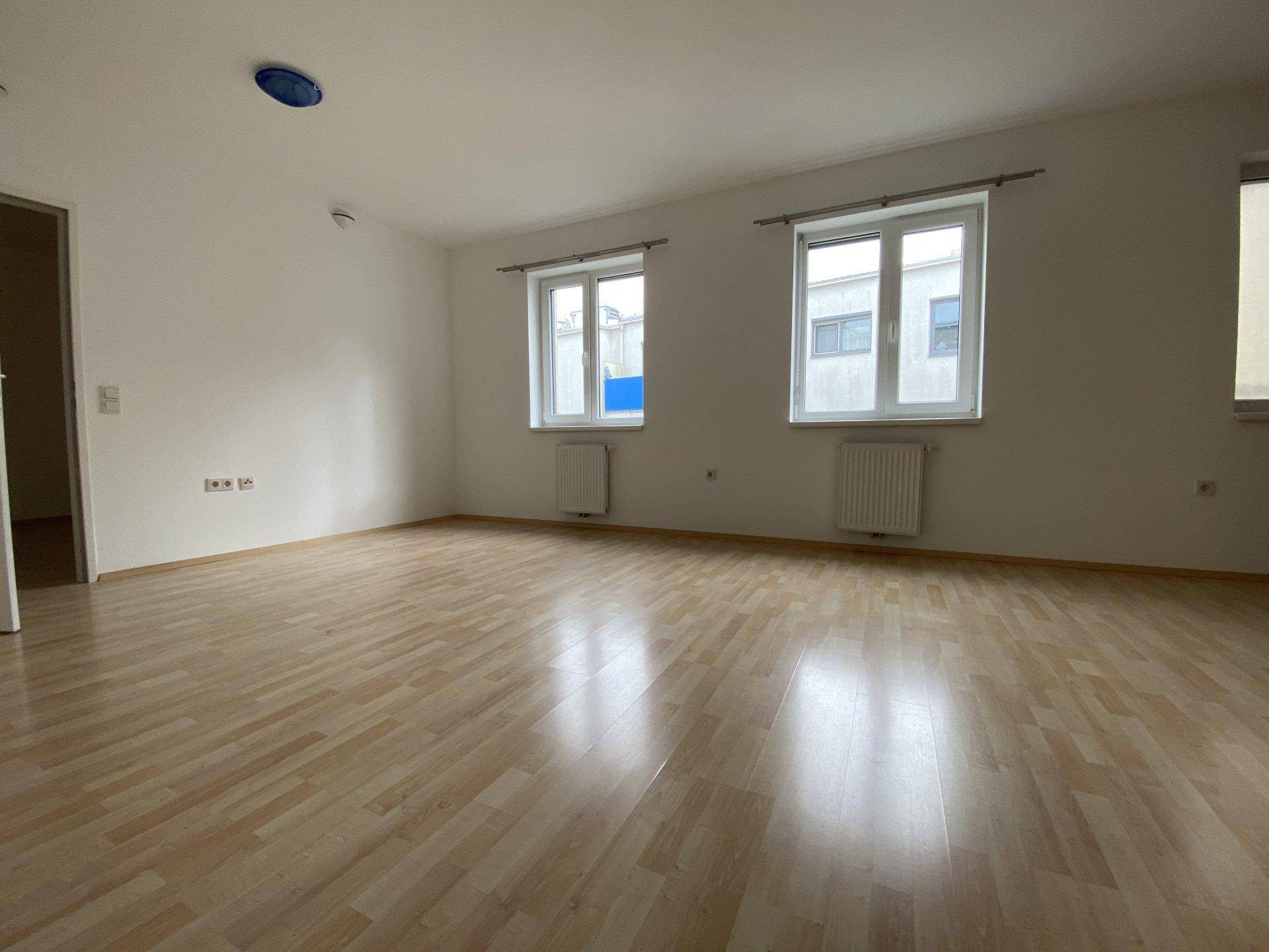 Leeres Wohnzimmer mit hellem Laminatboden und Fenstern, die den Raum mit Licht füllen.