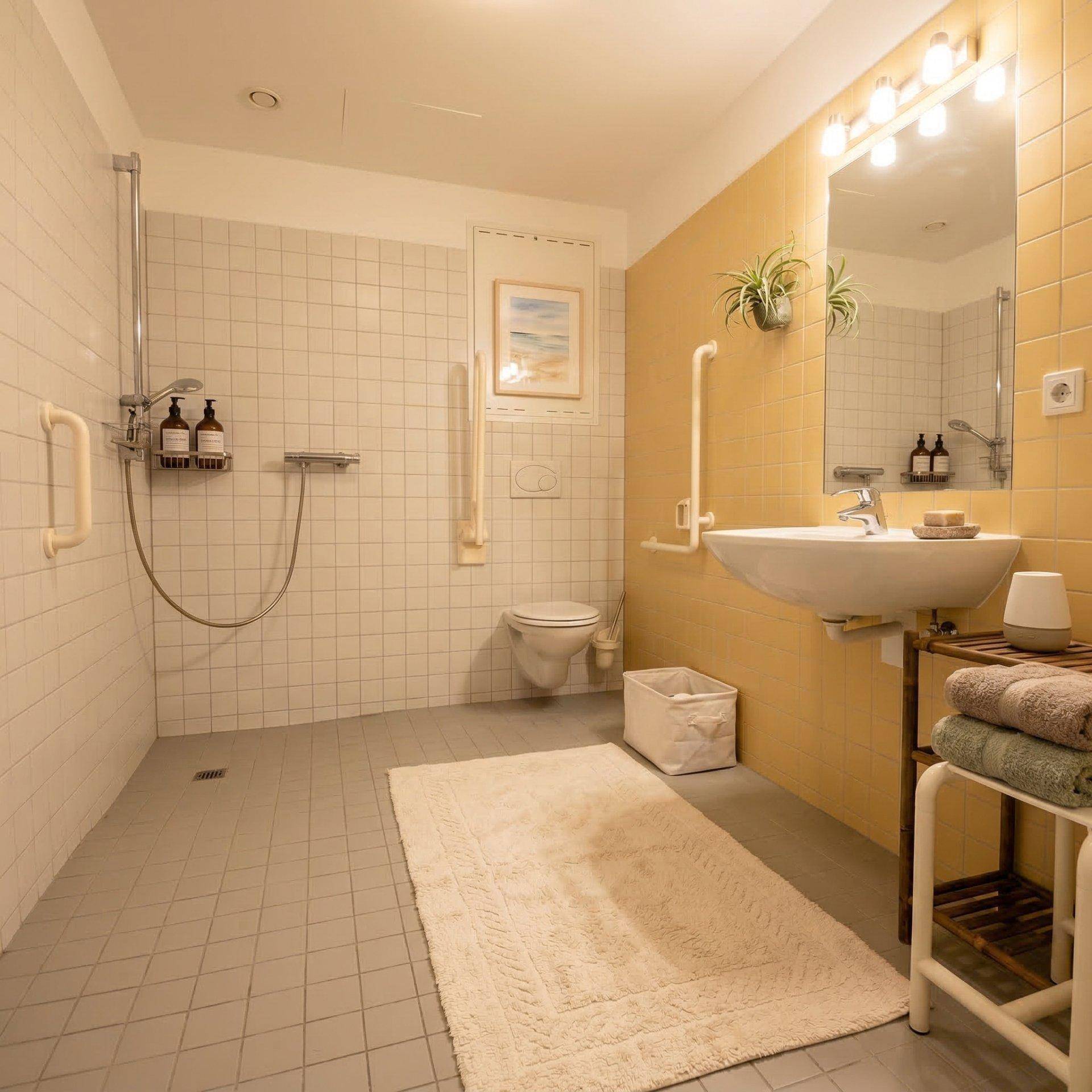 Barrierefreies Badezimmer mit ebenerdiger Dusche, Haltegriffen und gelben Fliesen.