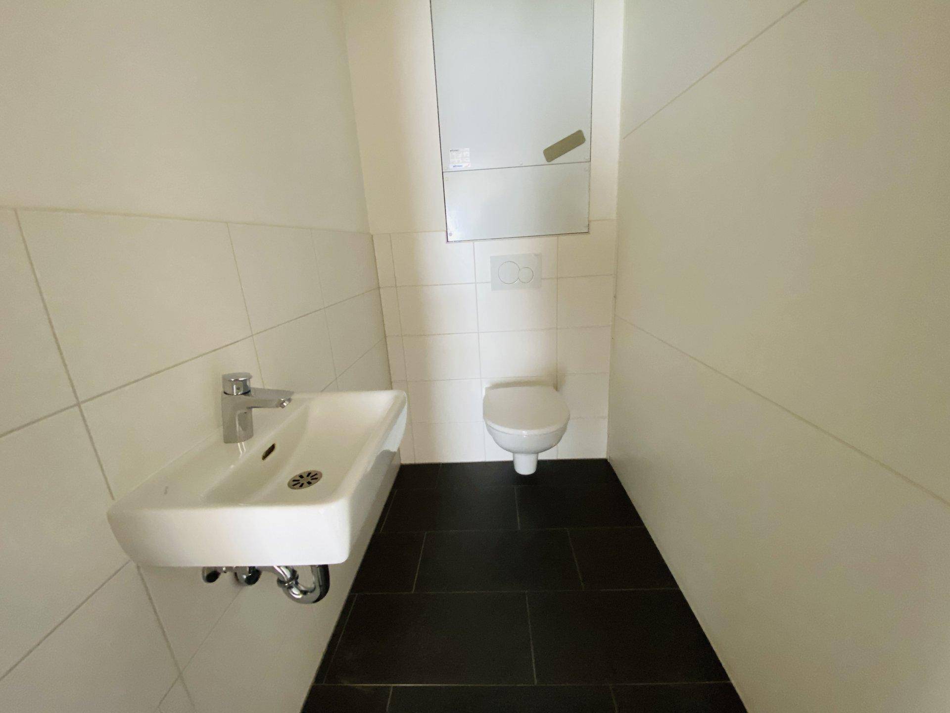 Separates WC mit wandhängender Toilette, Waschbecken und dunklen Bodenfliesen.