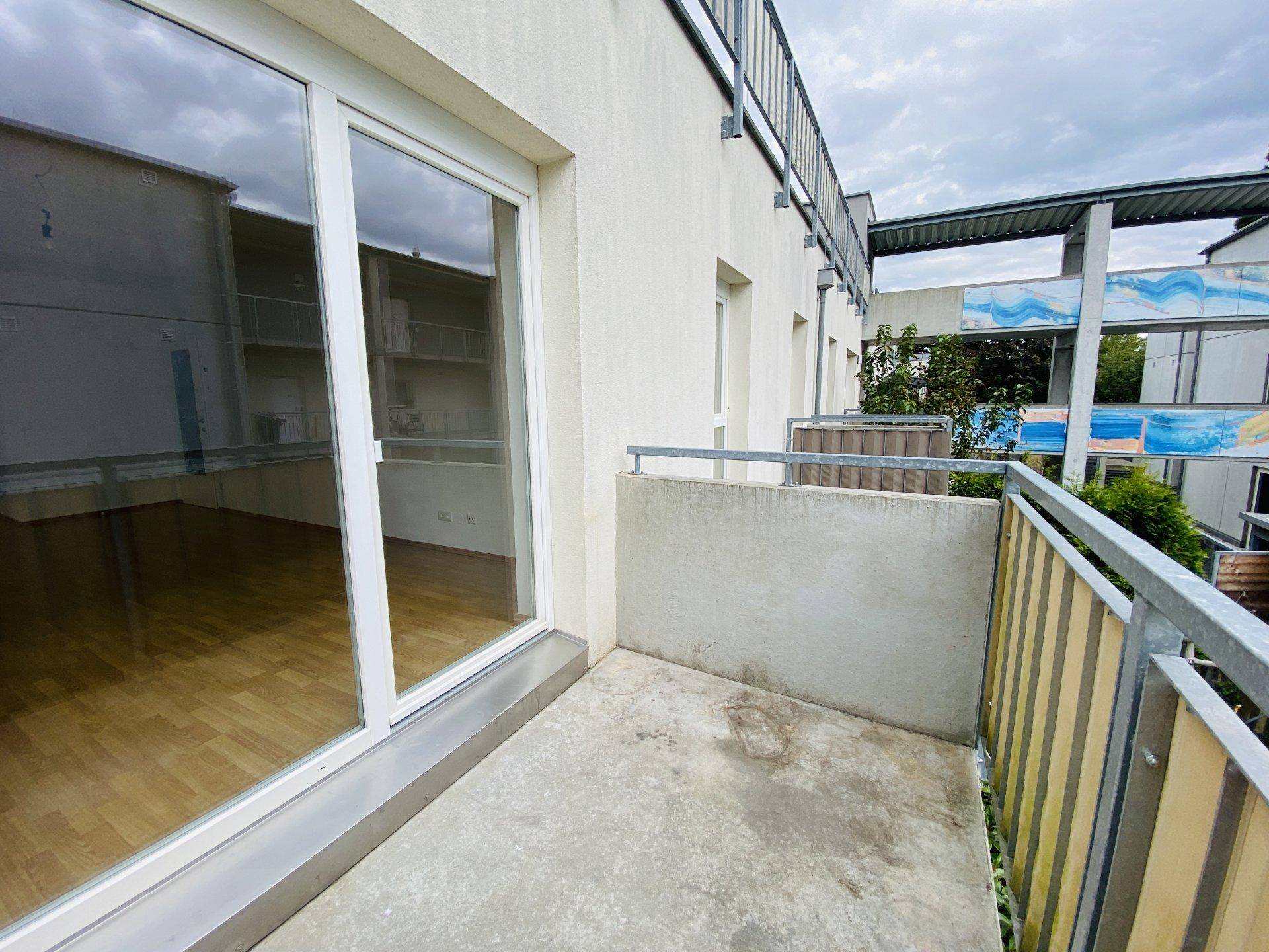 Balkon mit Schiebetür, die zu einem hellen Innenraum mit Parkettboden führt.