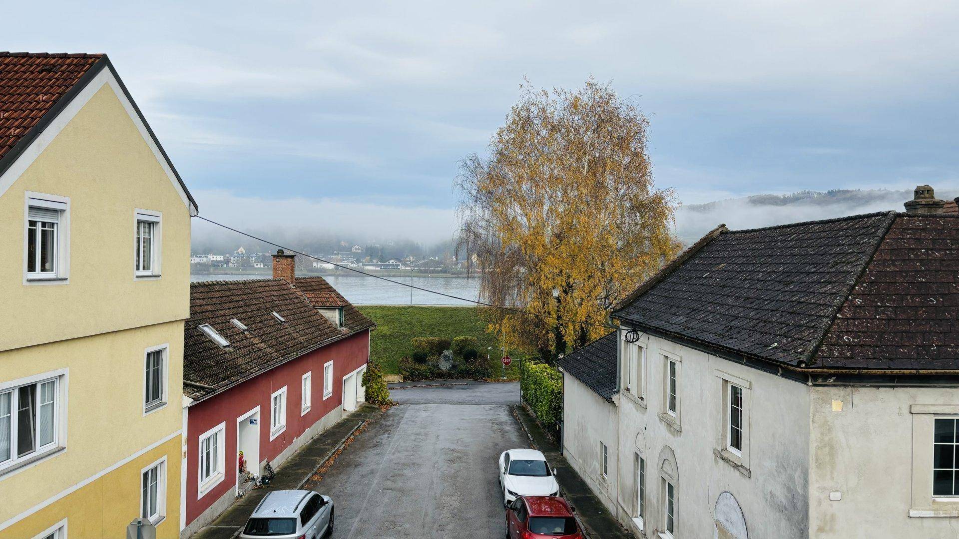 Blick von oben auf eine Wohnstraße mit verschiedenen Häusern und einem See im Hintergrund.