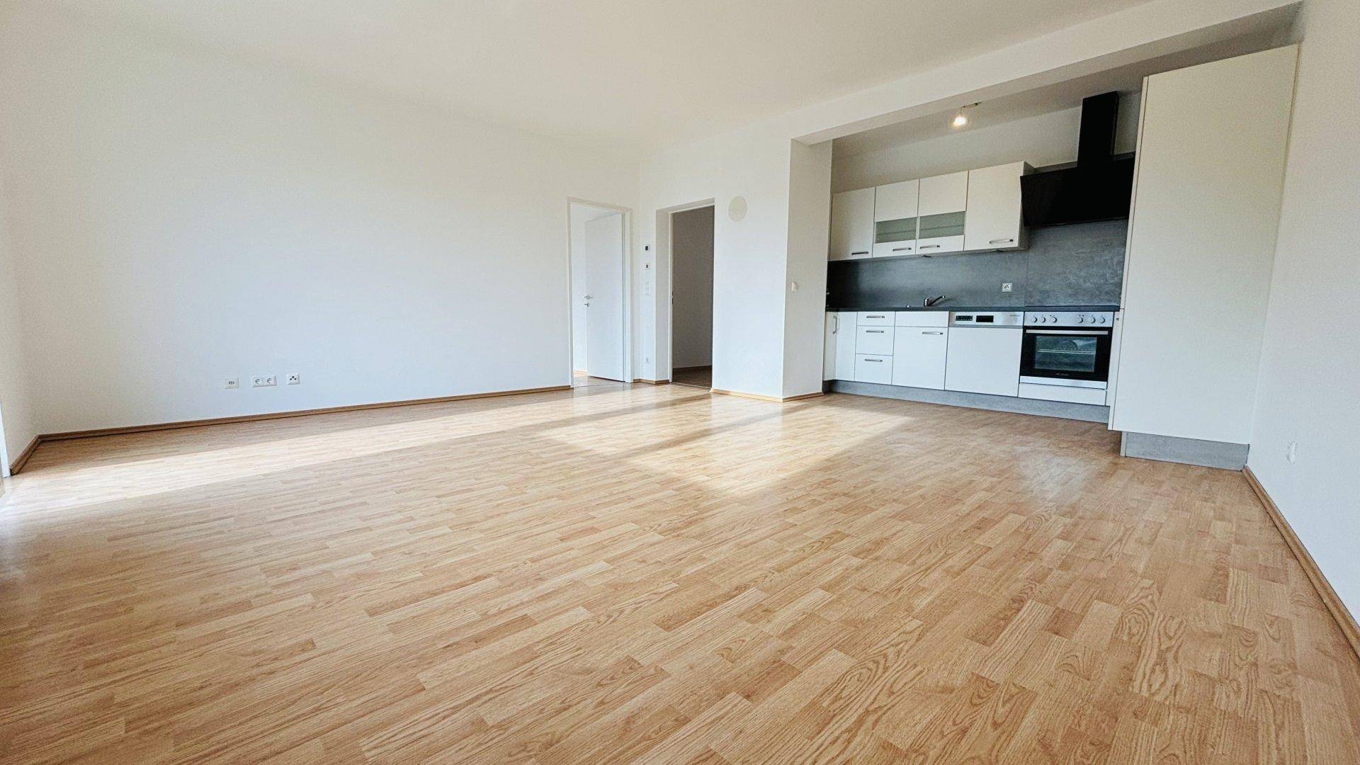Offener Wohnbereich mit integrierter Küche, Laminatboden und viel Tageslicht.