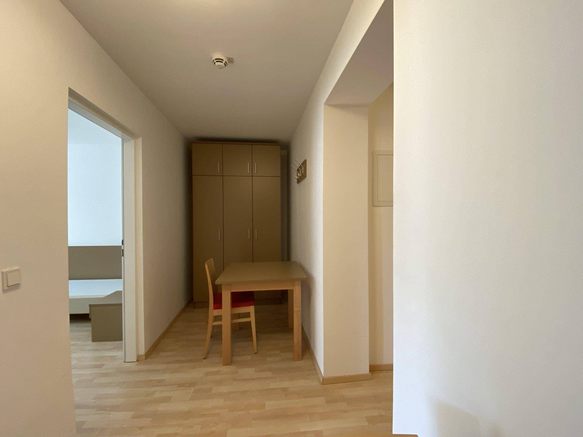 Heller Flur mit Esstisch und Schrank, der den Übergang zu den angrenzenden Wohnbereichen bildet.