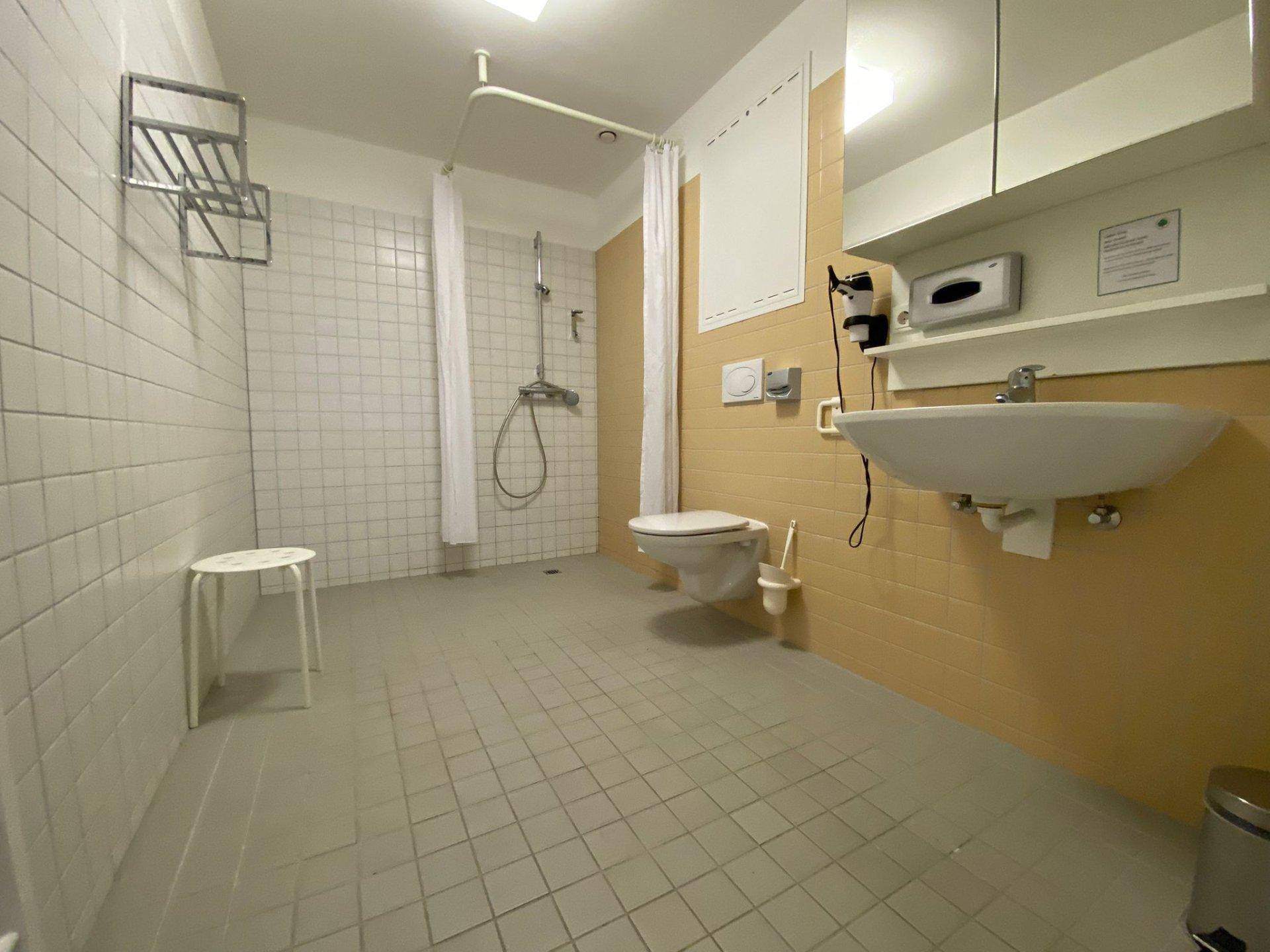 Barrierefreies Badezimmer mit ebenerdiger Dusche, Haltegriffen und hellen Fliesen.