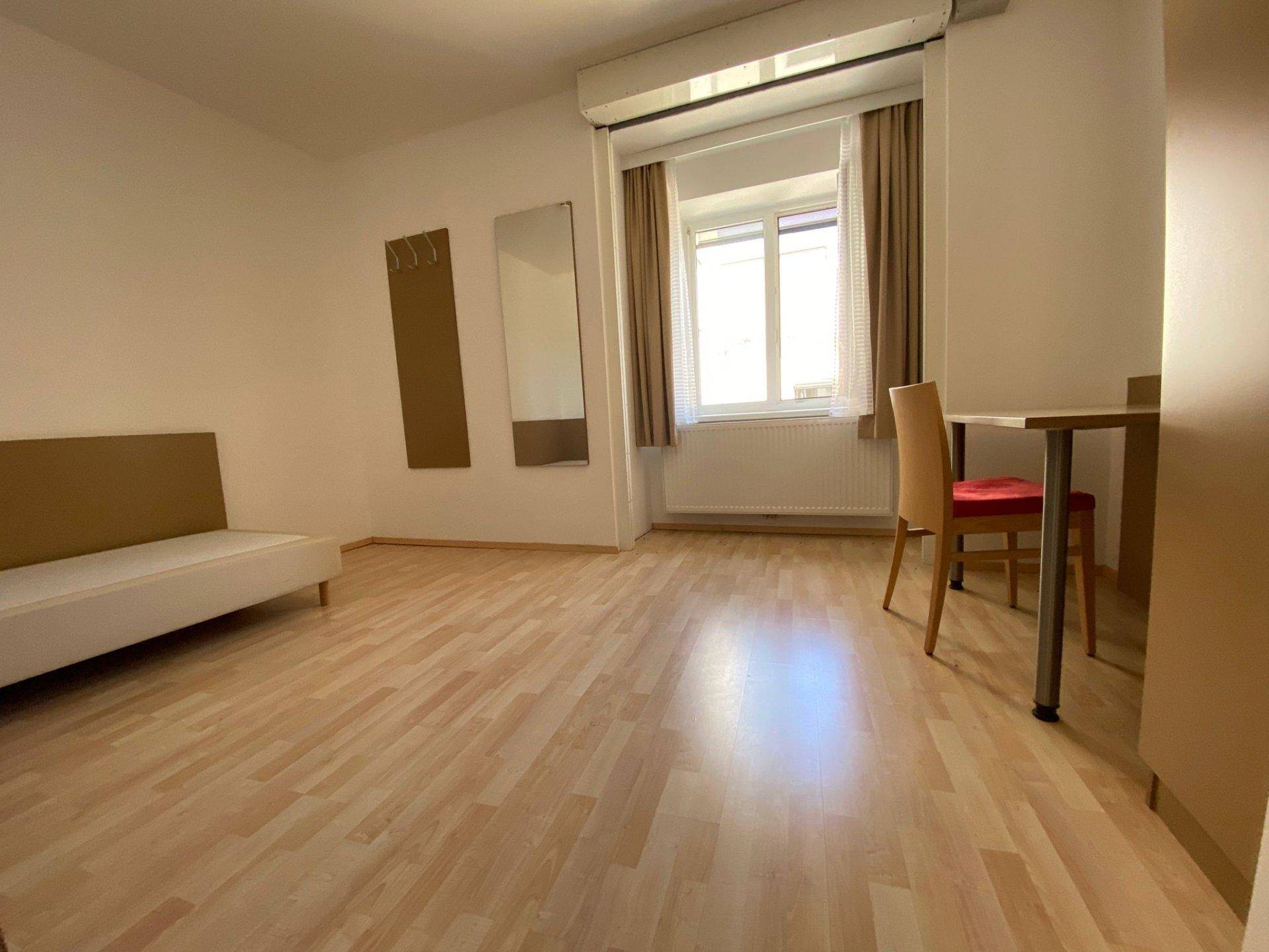 Heller Wohnraum mit Laminatboden, Fenster und einem Sofa, ideal für ein Studio-Apartment.