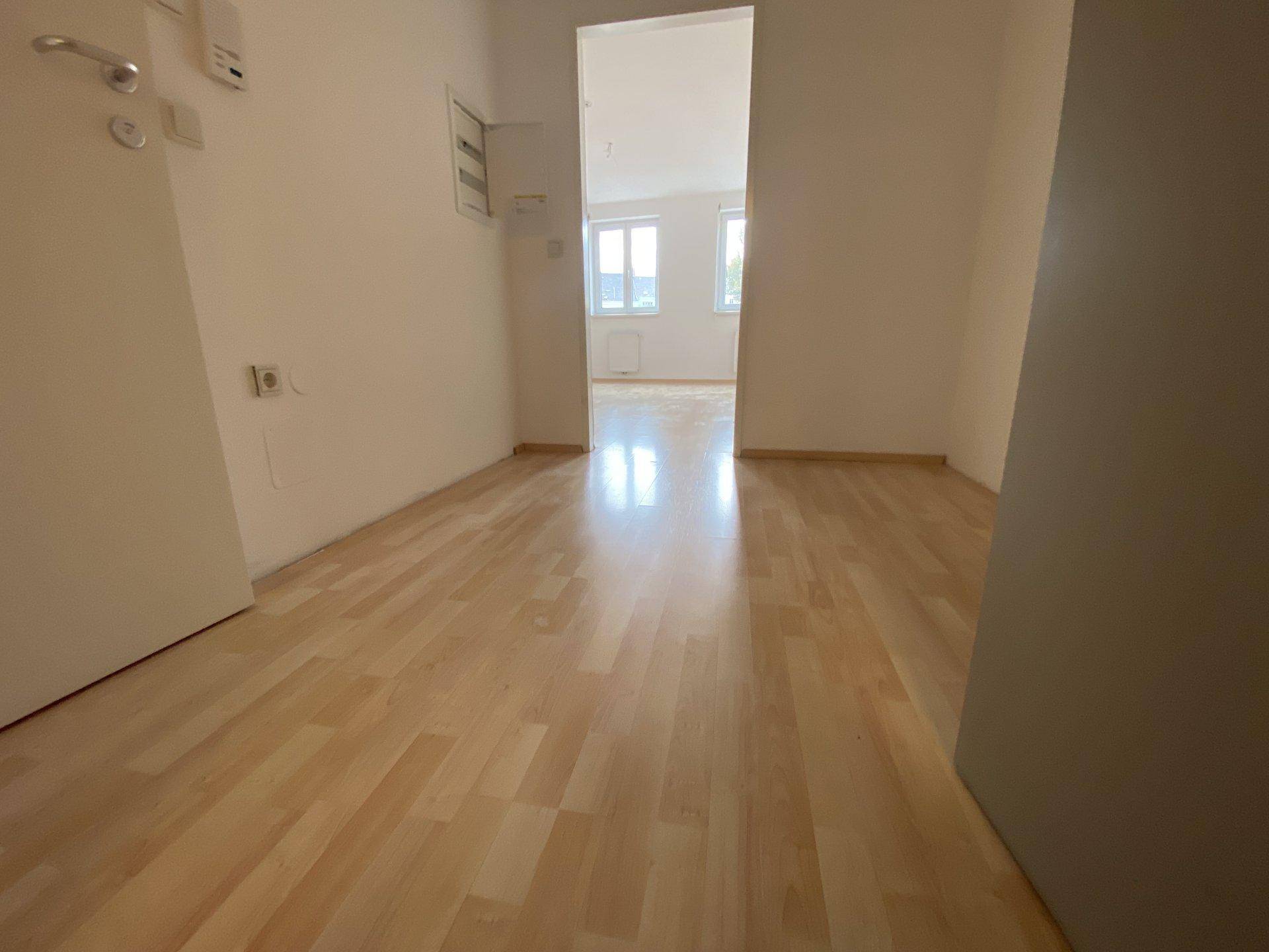Heller Flur mit hellem Laminatboden, der zu weiteren Räumen führt.
