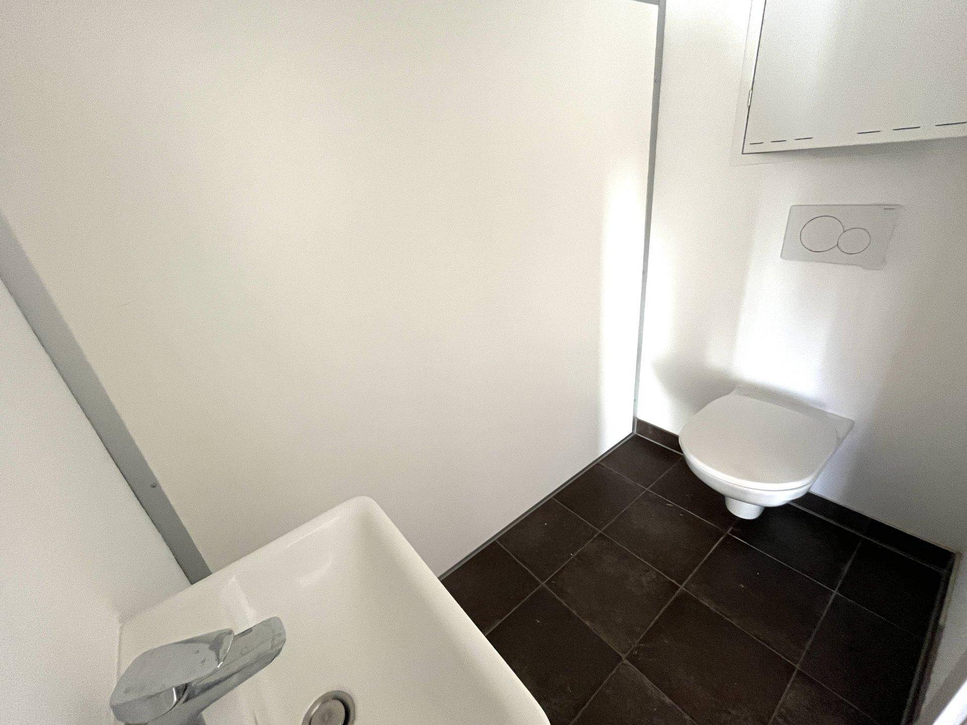 Modernes Gäste-WC mit Wand-WC, kleinem Waschbecken und dunklen Bodenfliesen.