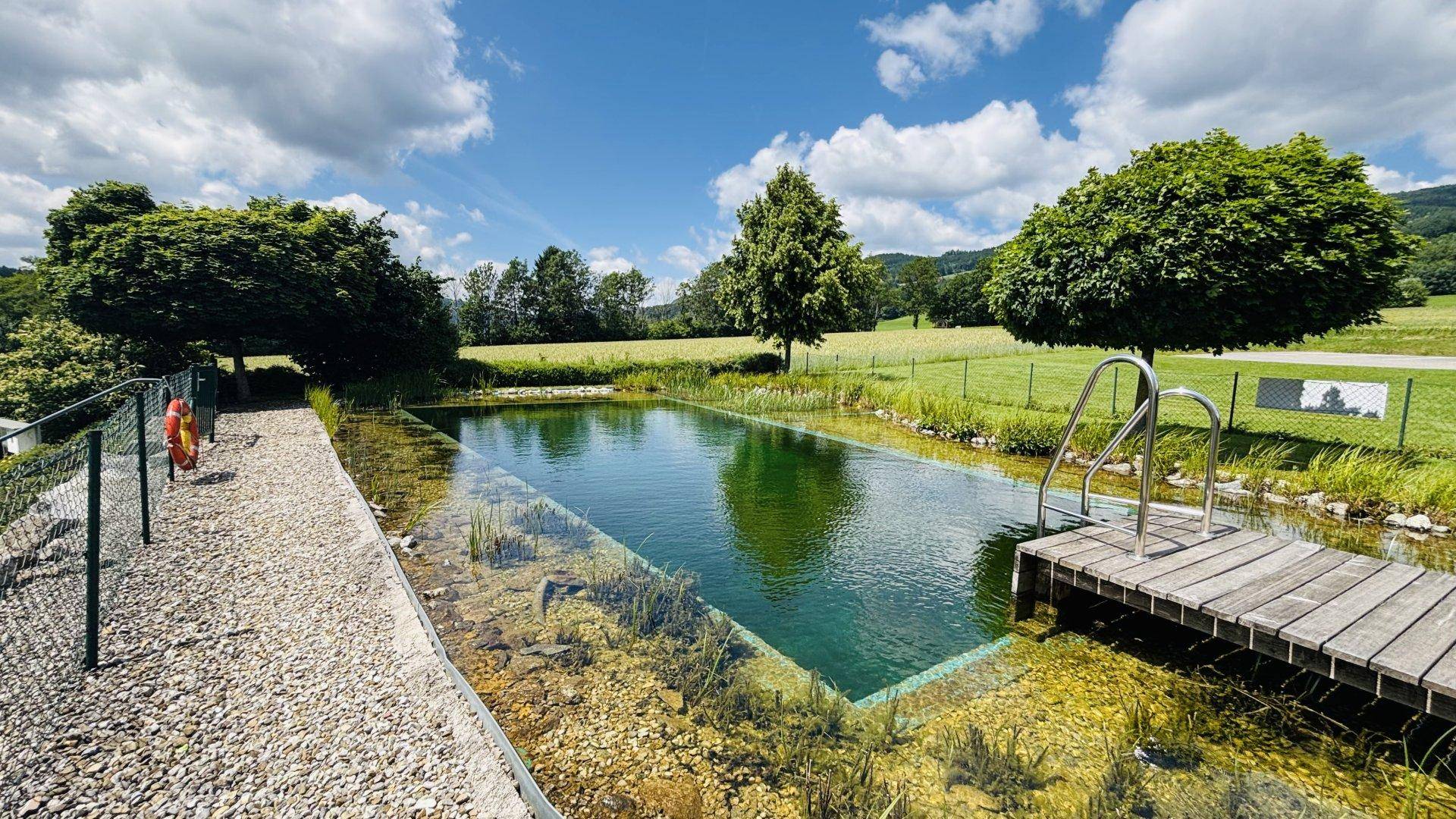 Langer Naturpool mit Holzsteg und Kiesweg, umgeben von grüner Natur und Bergen.