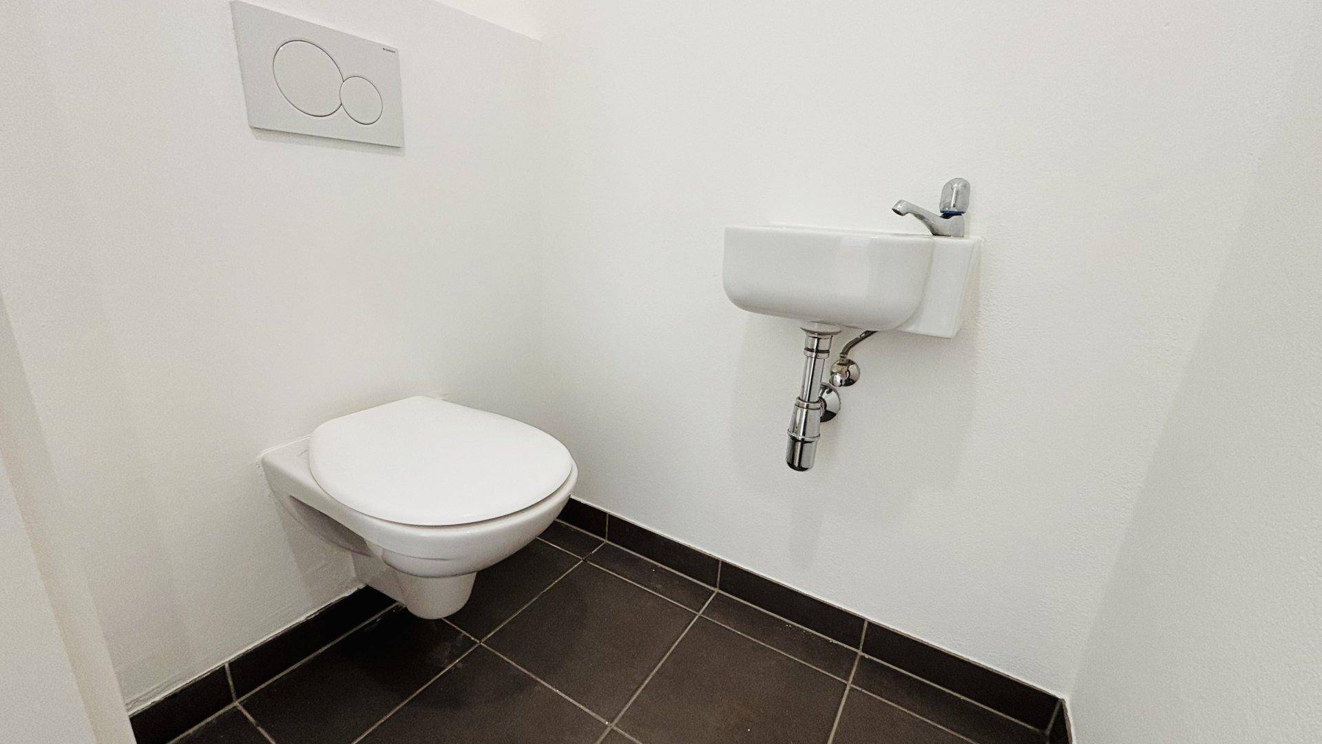 Modernes Gäste-WC mit wandhängender Toilette und kleinem Handwaschbecken.