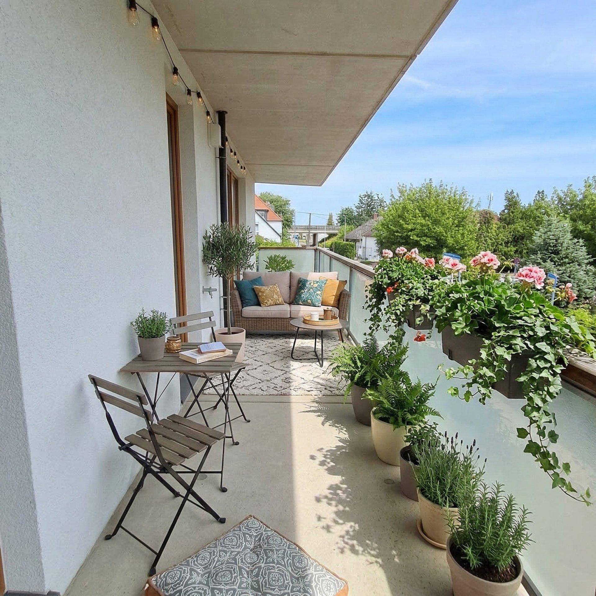 Gemütlicher Balkon mit Sitzgelegenheiten, vielen Pflanzen und stimmungsvoller Beleuchtung.