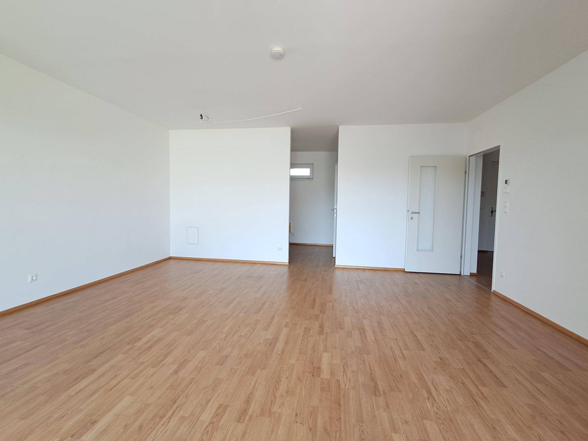Heller, leerer Wohnraum mit Laminatboden und weißen Wänden, bereit zur individuellen Gestaltung.