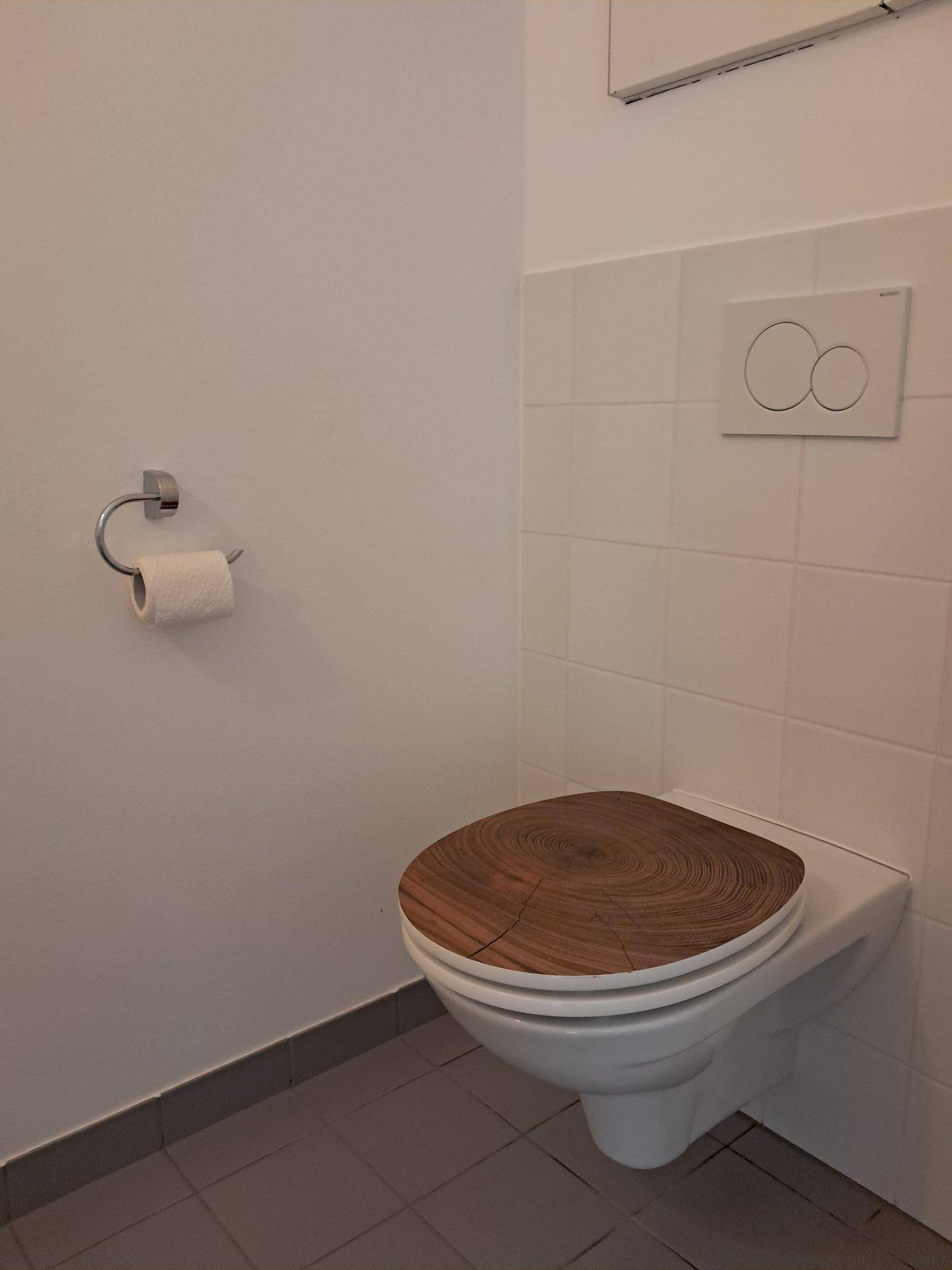 Modernes WC mit wandhängender Toilette und einem einzigartigen Holz-Toilettensitz.