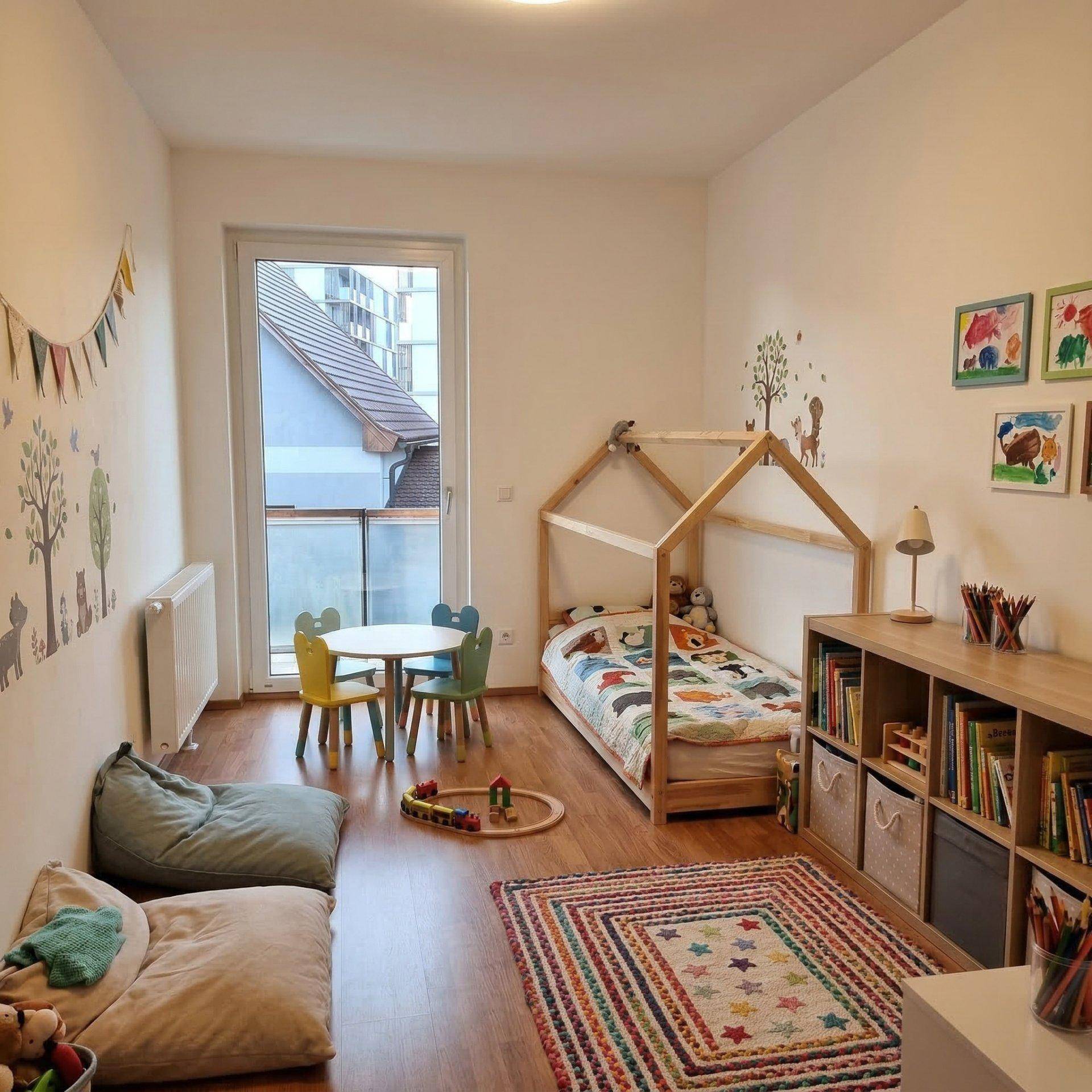 Freundliches Kinderzimmer mit Holzbett, Spielbereich und Bücherregal, hell und einladend gestaltet.