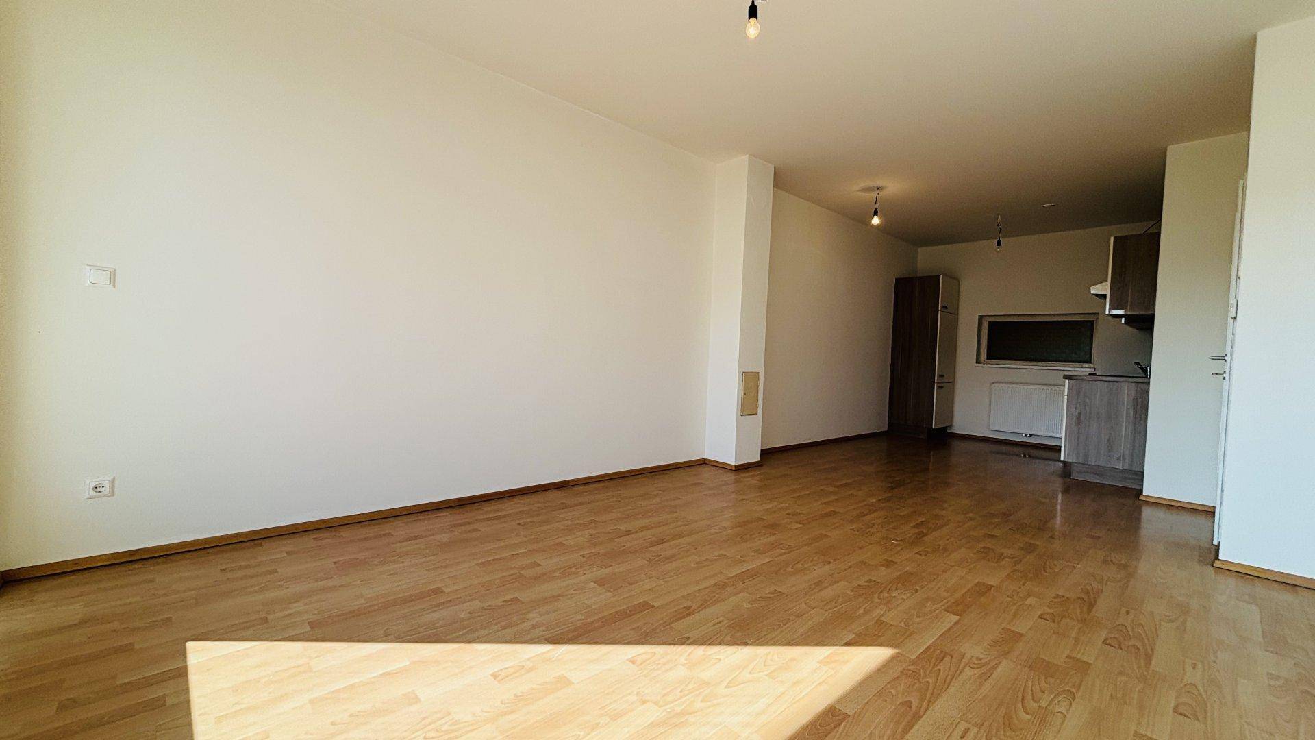 Heller Wohnbereich mit Laminatboden und integrierter Küchenzeile, ideal für offenes Wohnen.