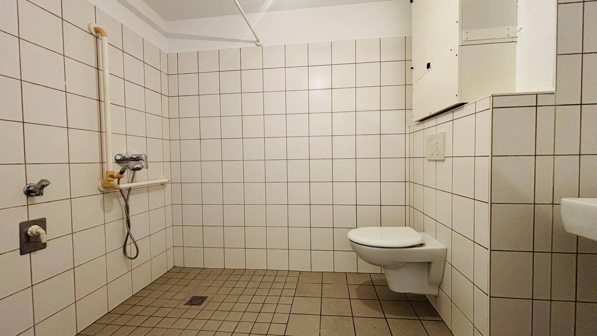Funktionales Badezimmer mit weißen Fliesen, ebenerdiger Dusche und Wand-WC.