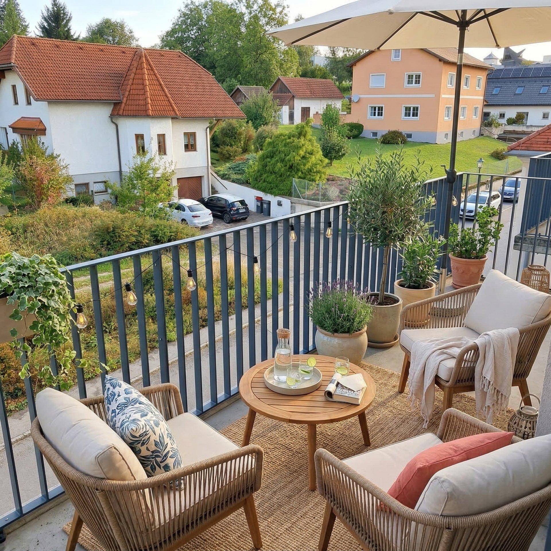Gemütlicher, möblierter Balkon mit Pflanzen und Sonnenschirm, bietet einen schönen Ausblick.