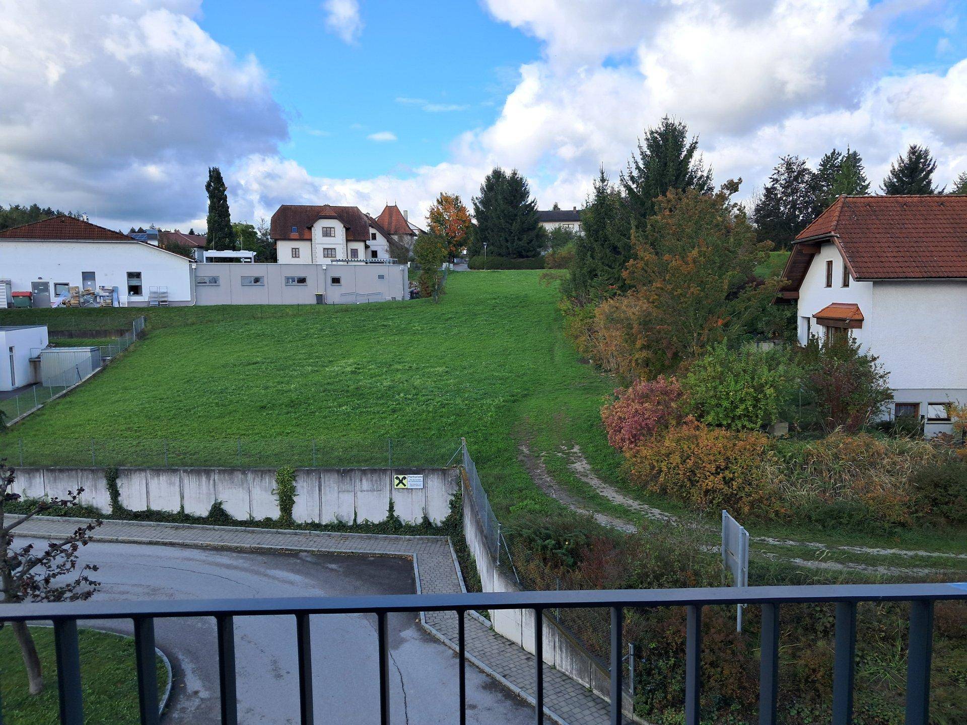 Panoramablick von einem Balkon über eine grüne Wiese und Wohngebäude in der Umgebung.