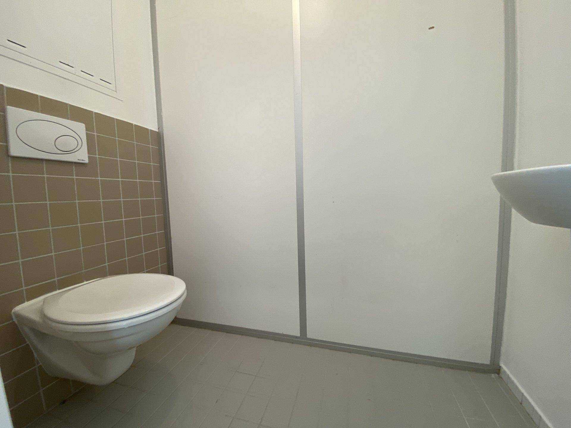 Separate Toilette mit Wand-WC und kleinem Waschbecken, funktional und hell gestaltet.