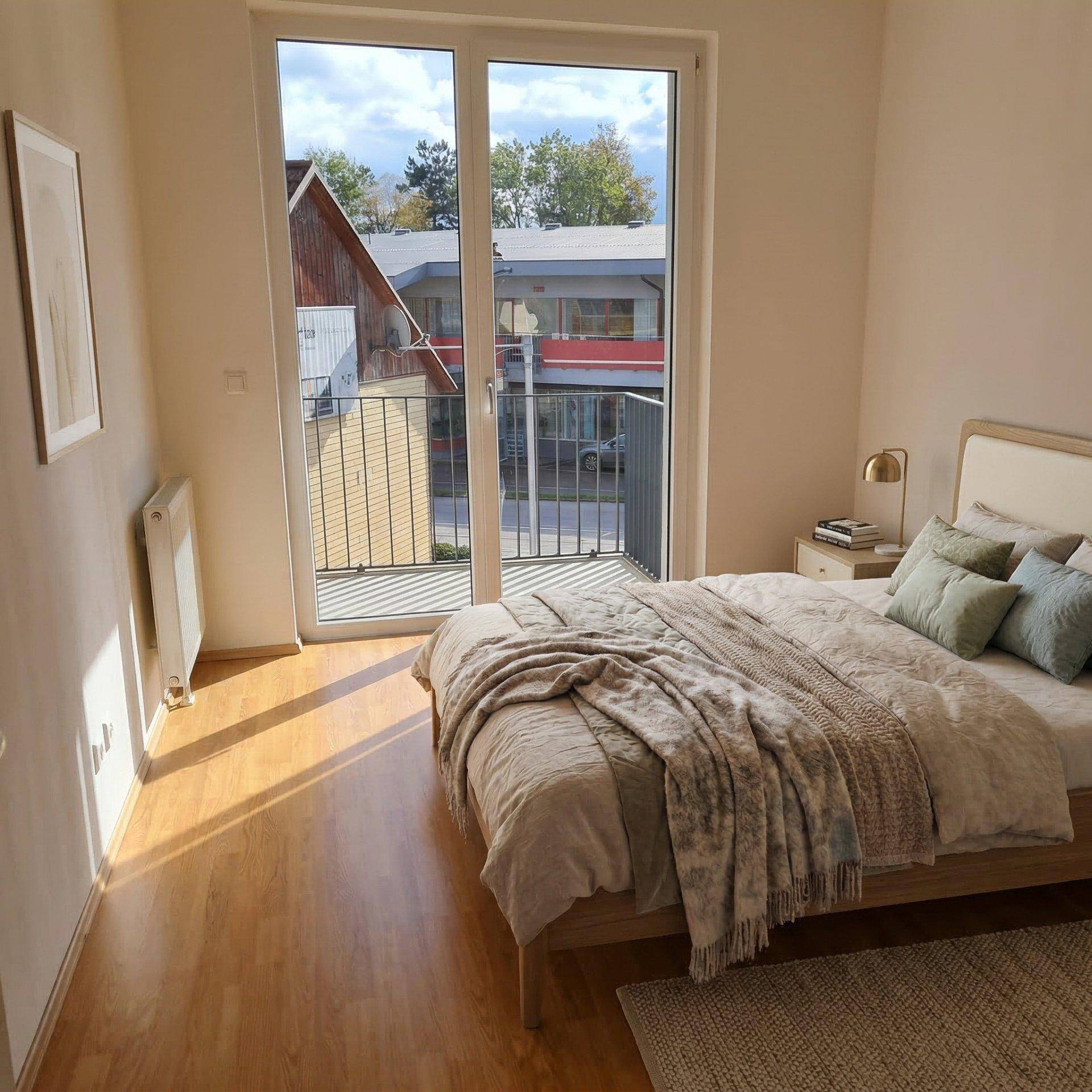 Modern eingerichtetes Schlafzimmer mit Laminatboden und Balkonzugang.