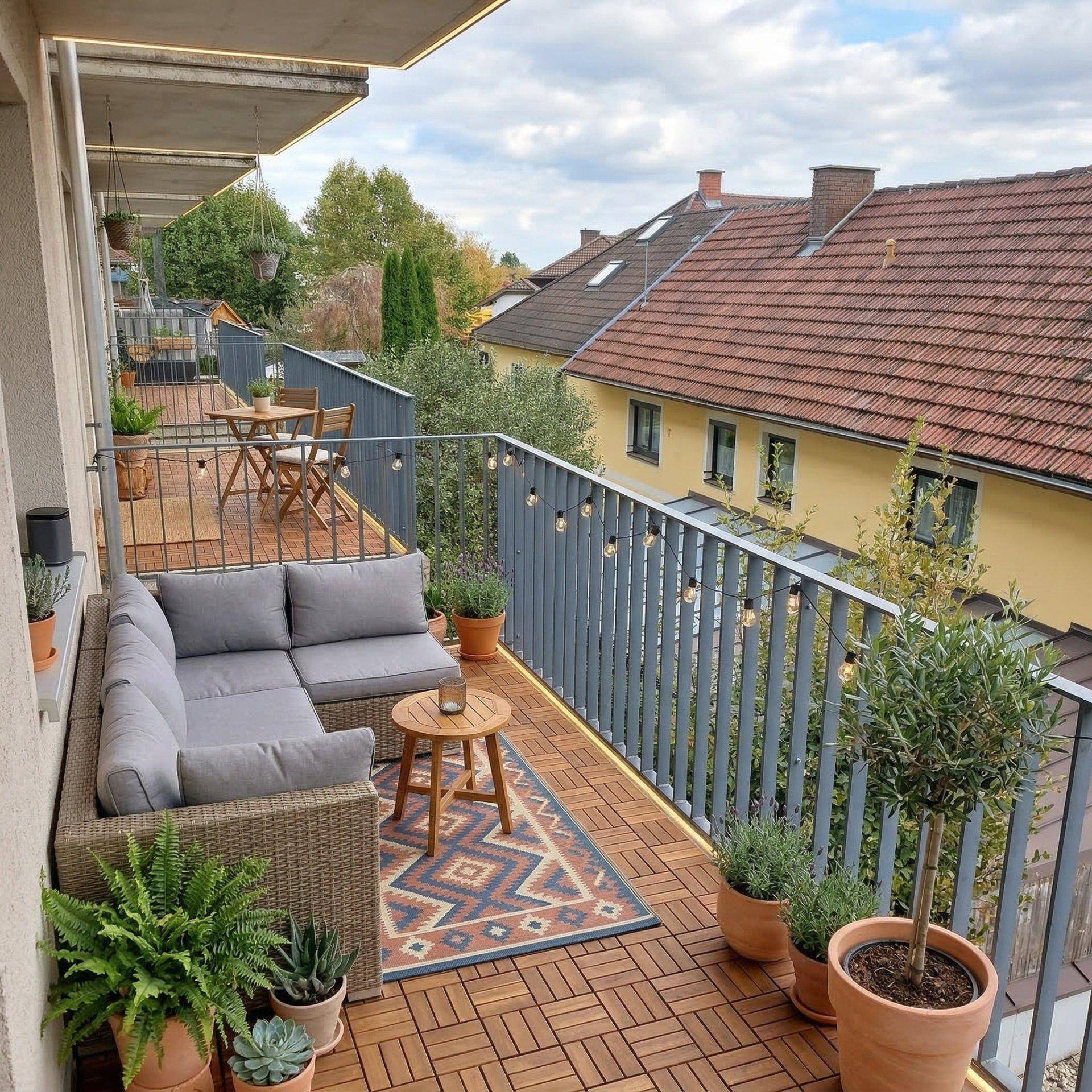 Gemütlicher Balkon mit Holzfliesen, Sitzmöbeln und Pflanzen, ideal zum Entspannen.