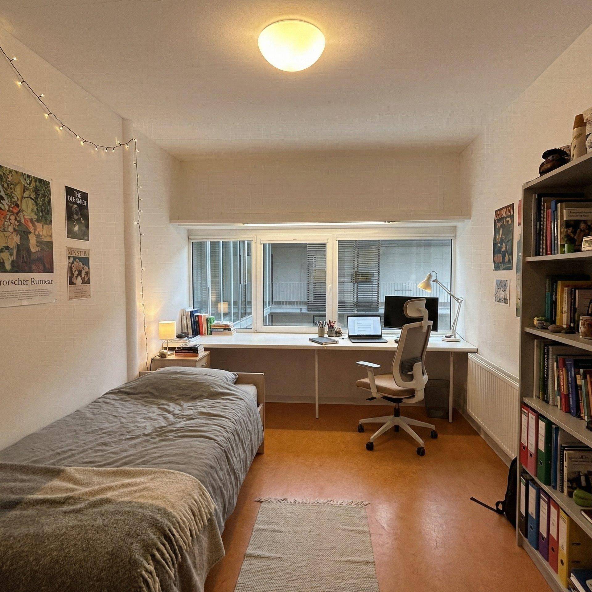 Gemütliches Schlafzimmer mit Schreibtisch am Fenster, Einzelbett und Bücherregal.
