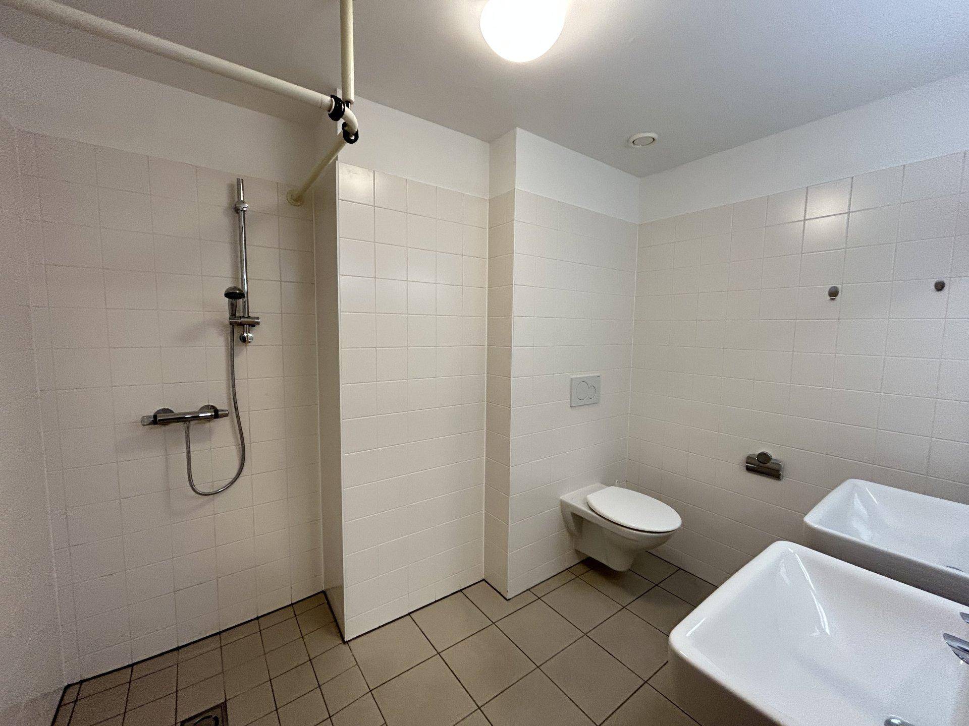 Funktionales Badezimmer mit Duschbereich, Wand-WC und zwei Waschbecken.
