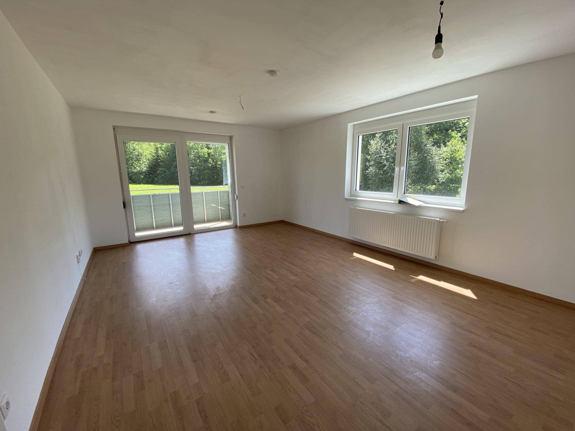 Heller, leerer Wohnraum mit Laminatboden, weißen Wänden und Zugang zu einem Balkon oder einer Terrasse.