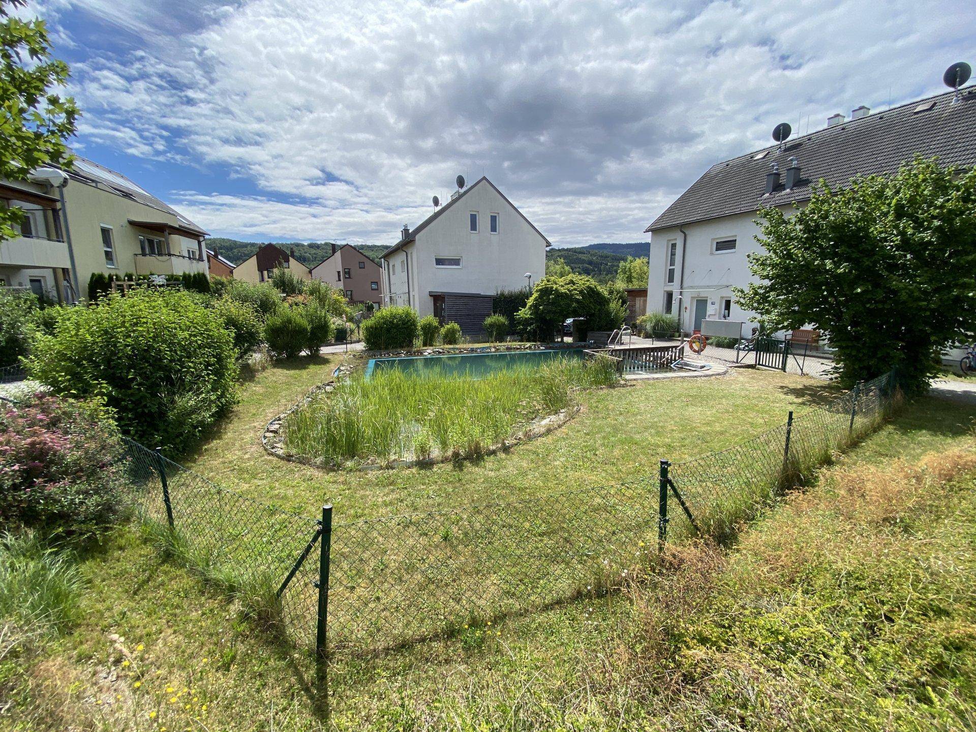 Weitläufiger Gartenbereich mit natürlichem Schwimmteich und angrenzenden Wohnhäusern in ländlicher Umgebung.