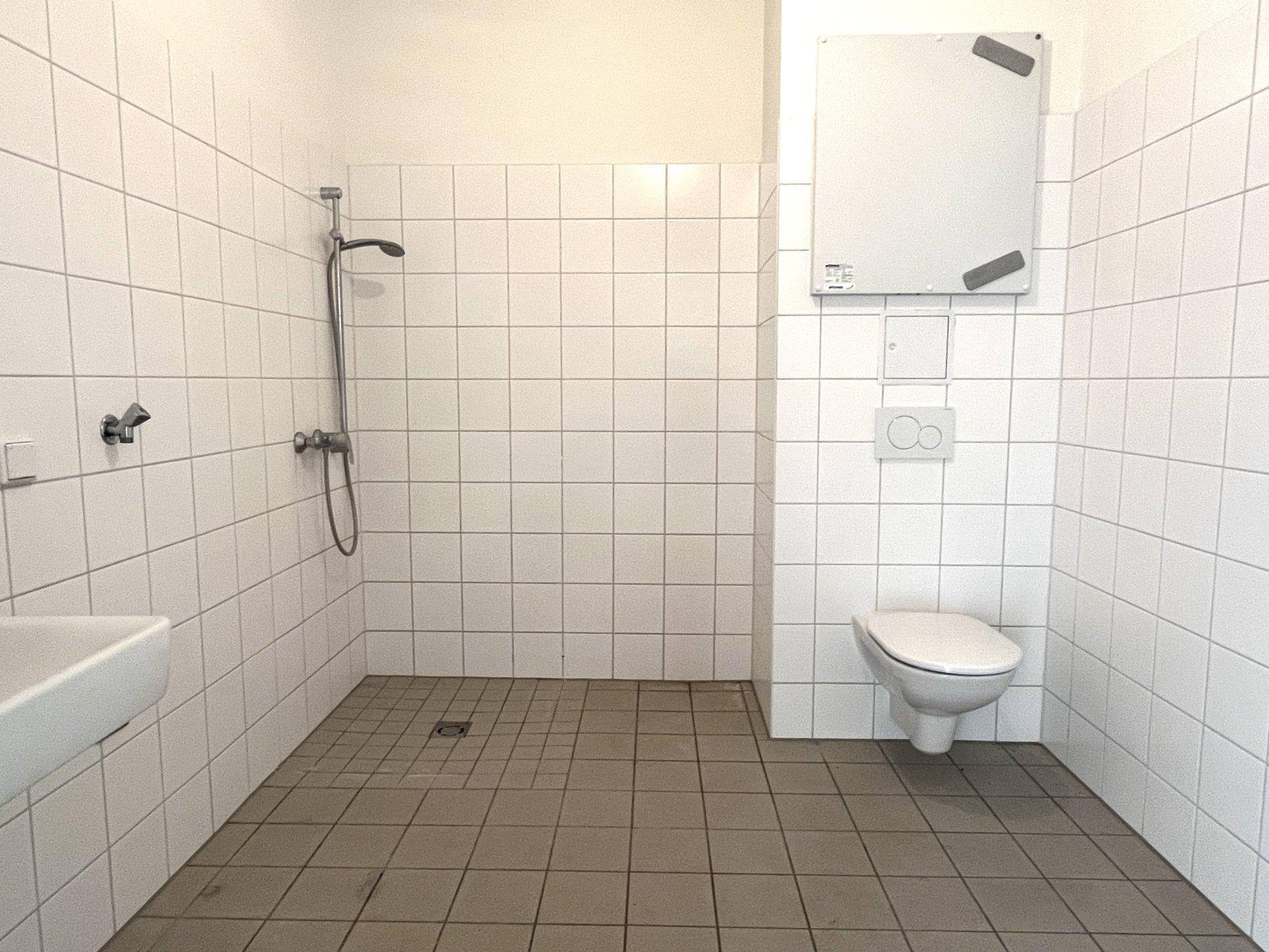Funktionales Badezimmer mit weißen Fliesen, einer Dusche und einer wandmontierten Toilette.