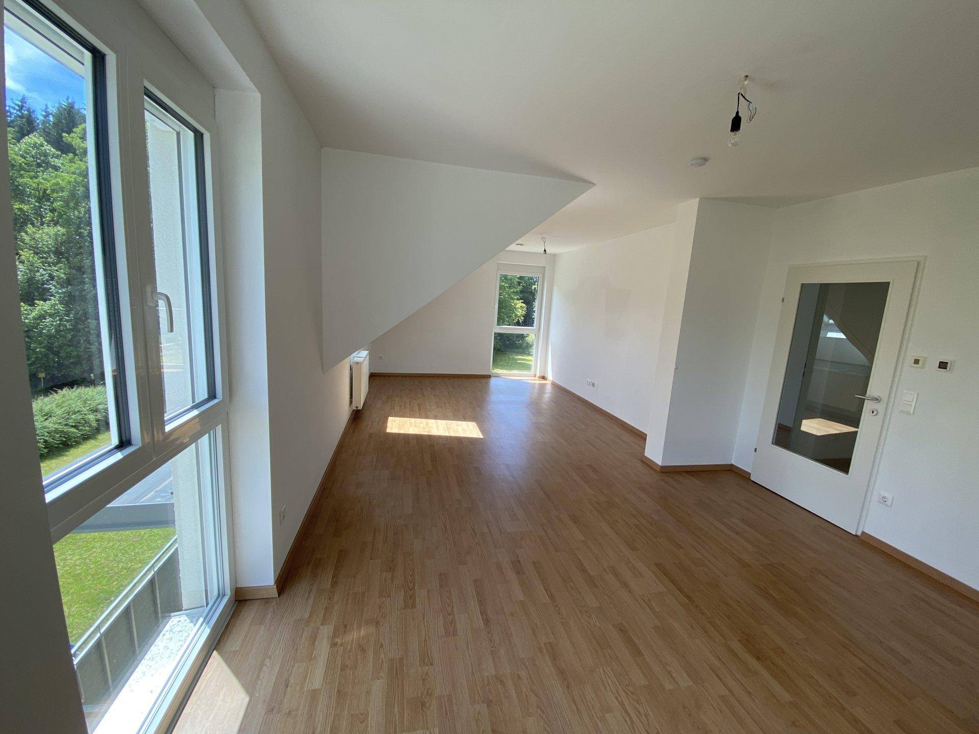Geräumiger, leerer Wohn- und Essbereich mit Holzboden und großen Fenstern, die viel Tageslicht hereinlassen.