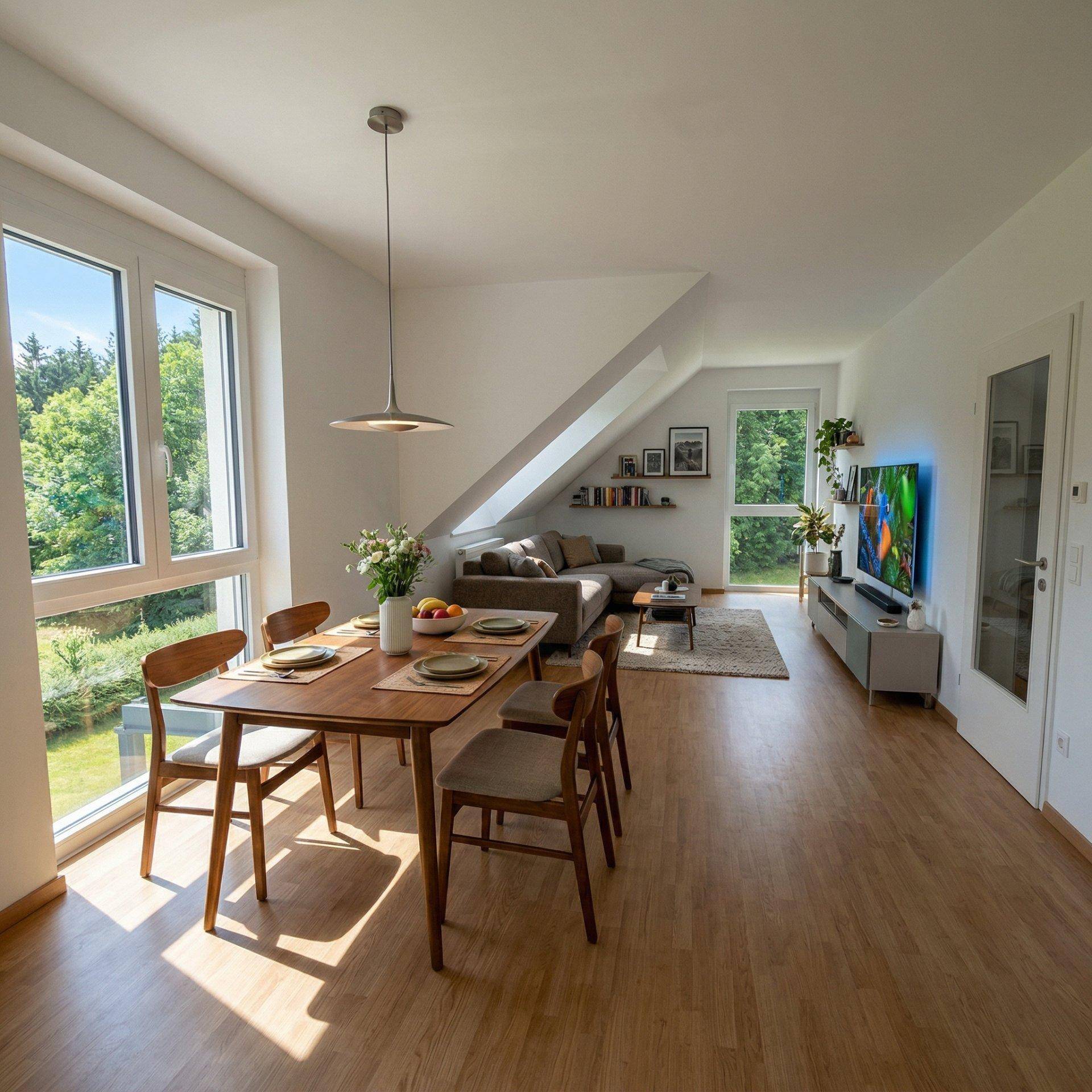 Heller Wohn- und Essbereich mit Holzboden, modernen Möbeln und großen Fenstern mit Blick ins Grüne.