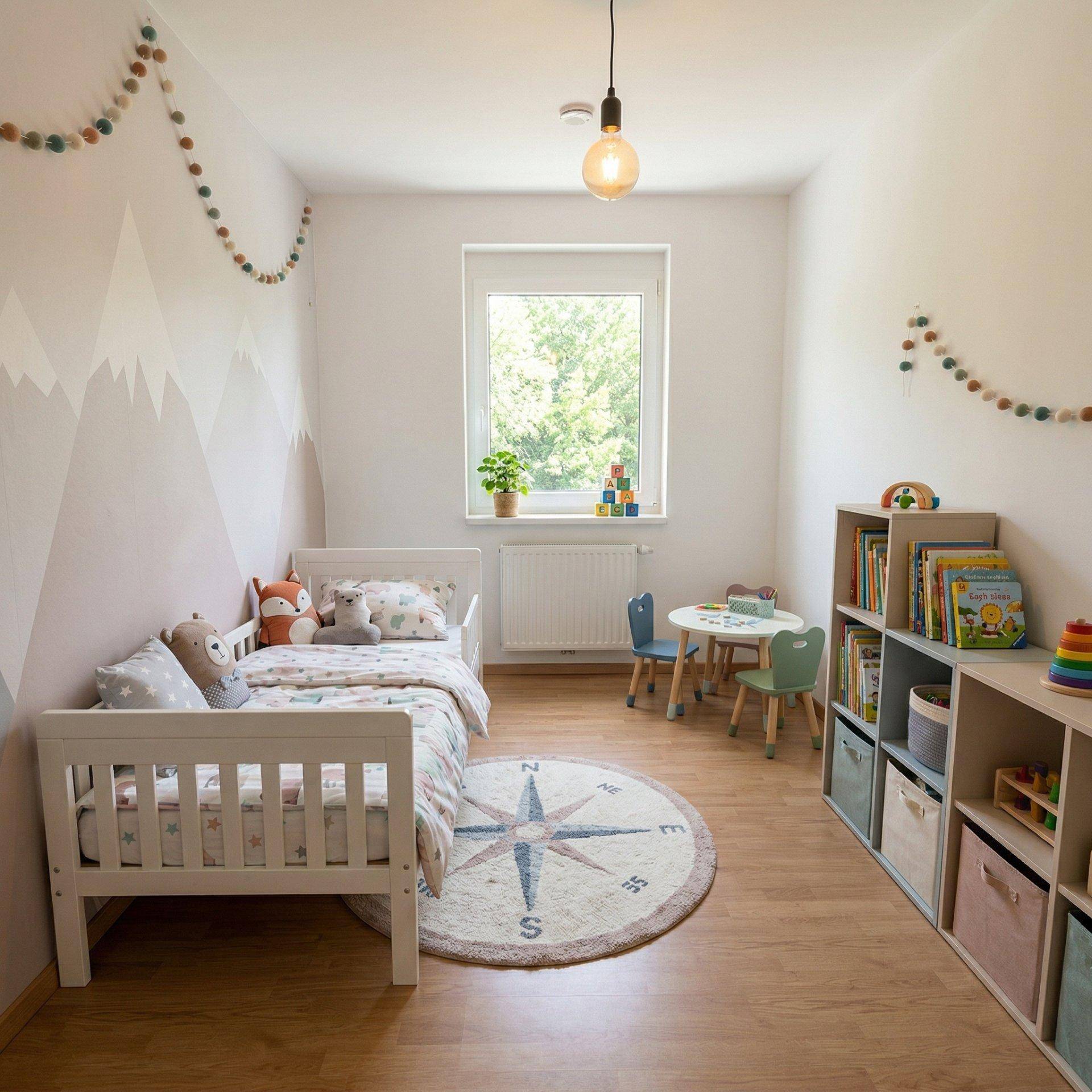 Freundliches Kinderzimmer mit Holzboden, Fenster und spielerischer Wandgestaltung, hell und einladend.