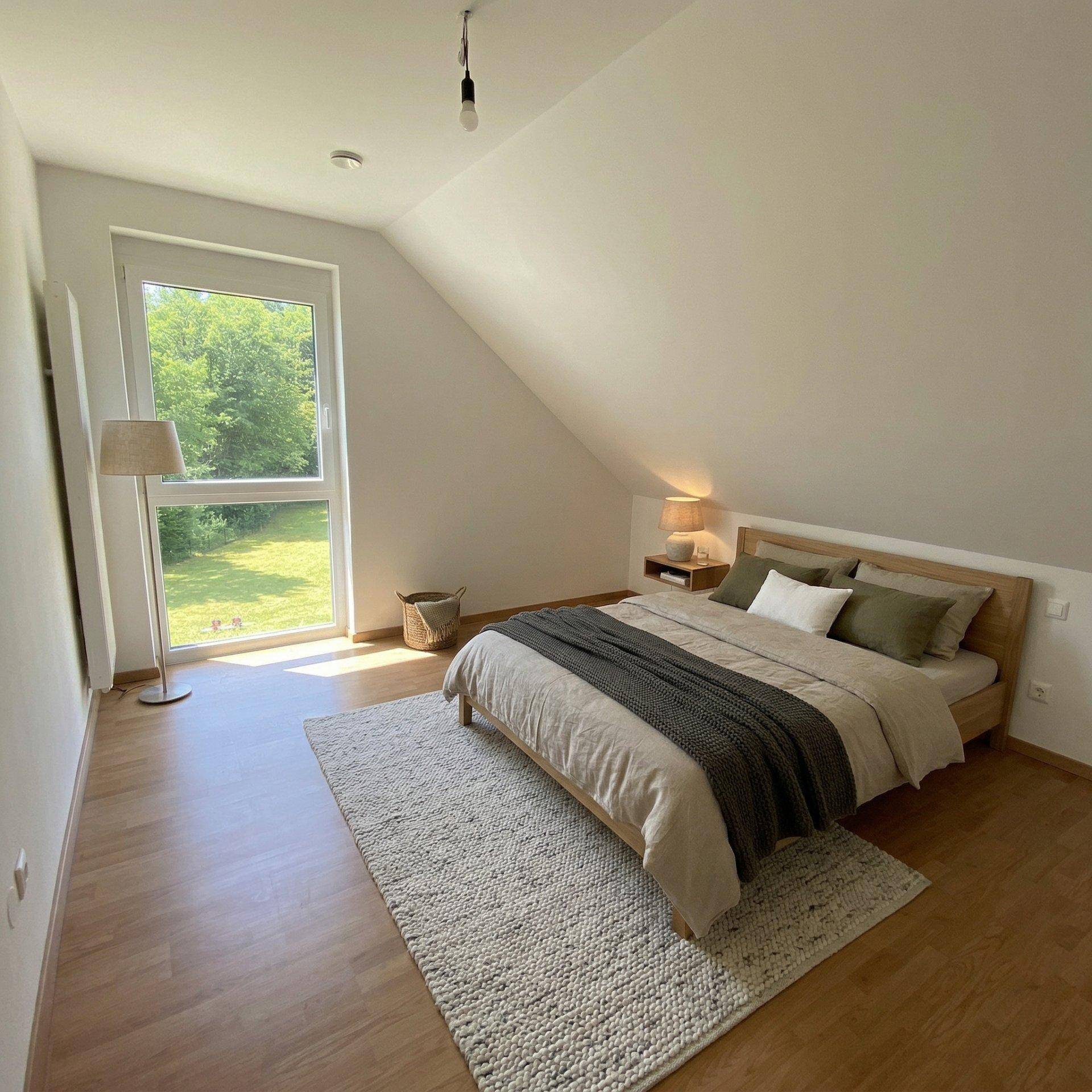 Gemütliches Schlafzimmer mit Holzboden, großem Fenster und Dachschräge, hell und einladend.