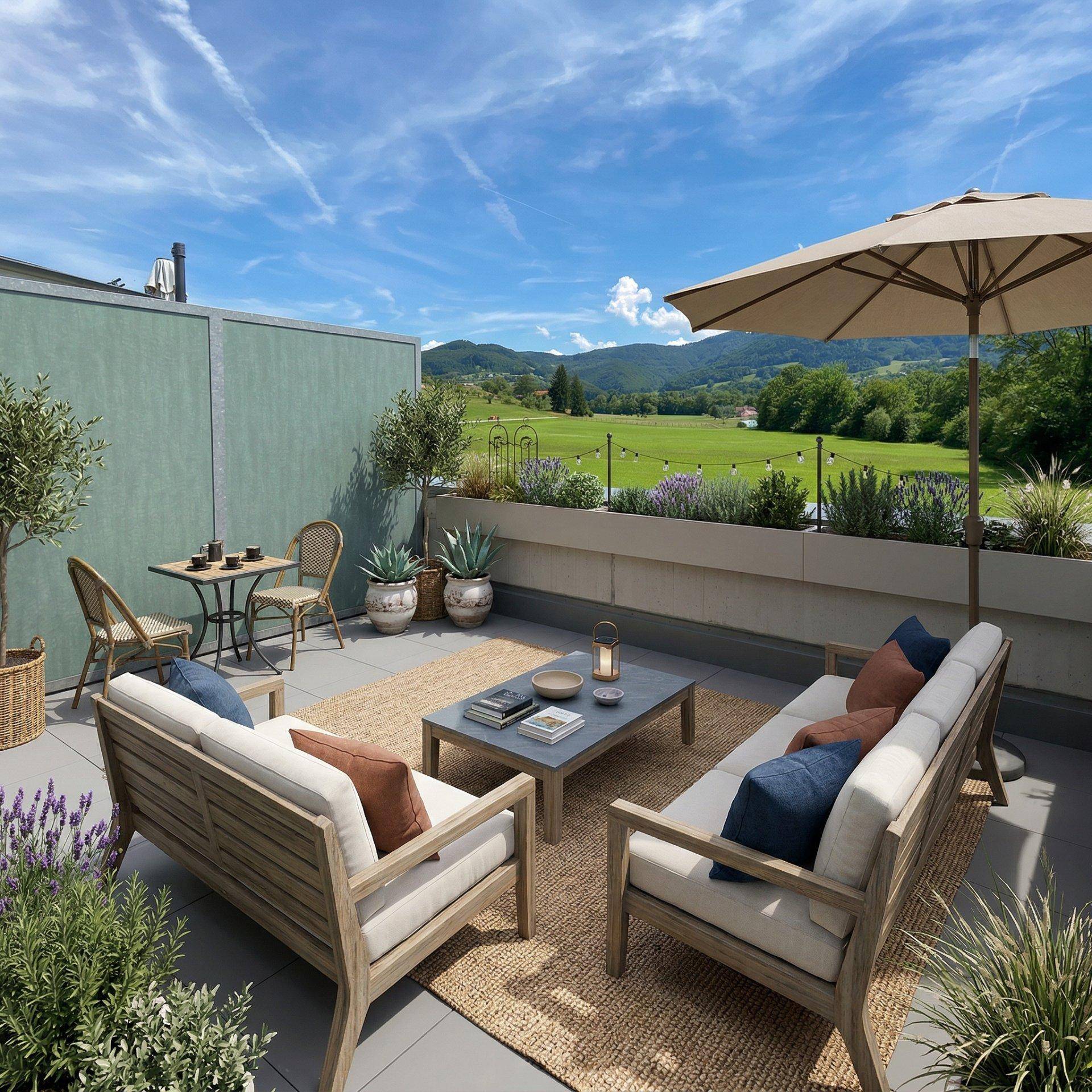 Große möblierte Terrasse mit weitem Blick auf die grüne Landschaft und die umliegenden Hügel.