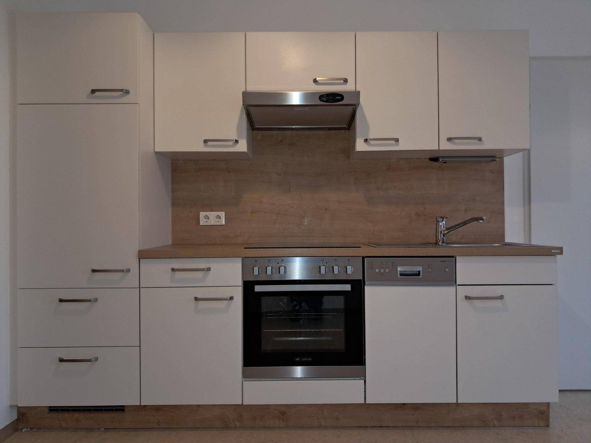 Detailansicht einer modernen Küchenzeile mit Backofen, Spüle und Dunstabzugshaube.