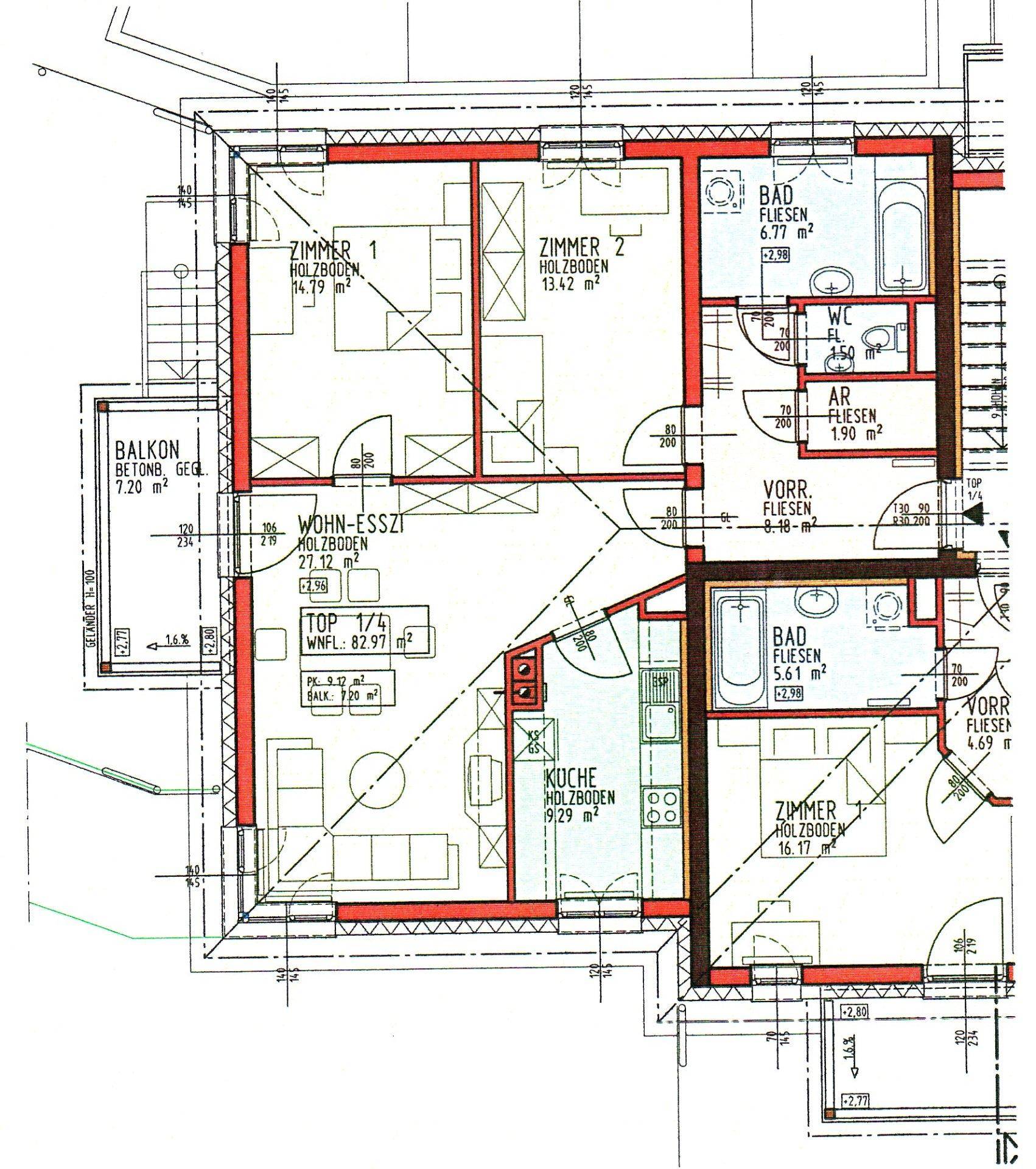 Grundriss einer Wohnung mit Wohn-Essbereich, Küche, zwei Schlafzimmern und zwei Bädern.