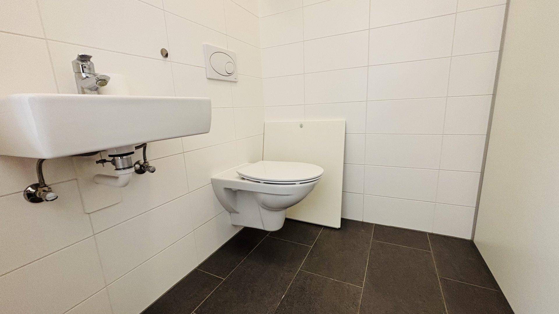 Separates WC mit wandhängender Toilette, kleinem Waschbecken und weißen Wandfliesen.