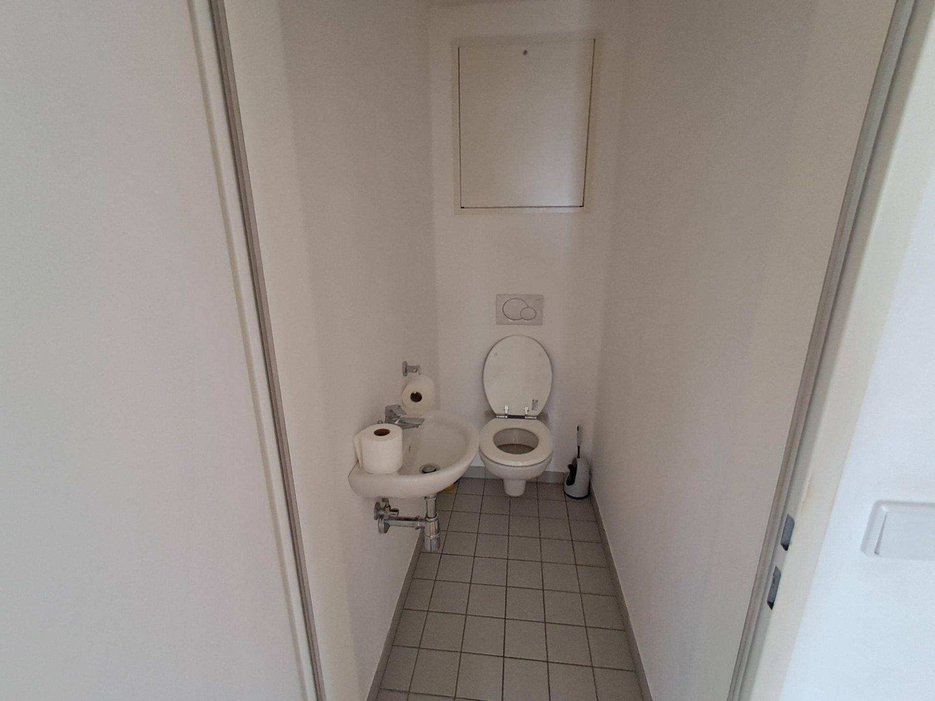 Separate Toilette mit kleinem Waschbecken und Fliesenboden, funktional und hell gestaltet.