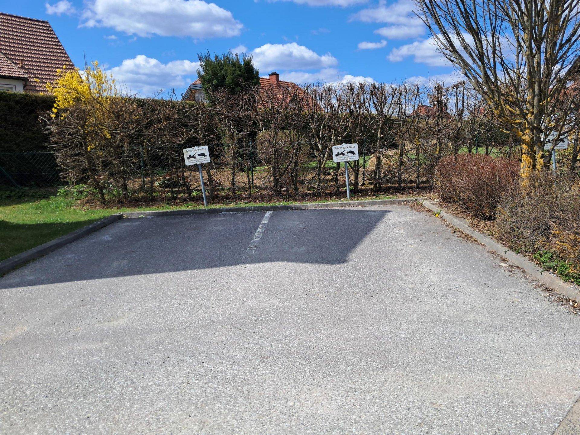 Außenparkplätze vor einer gepflegten Hecke, mit ausreichend Platz für mehrere Fahrzeuge.