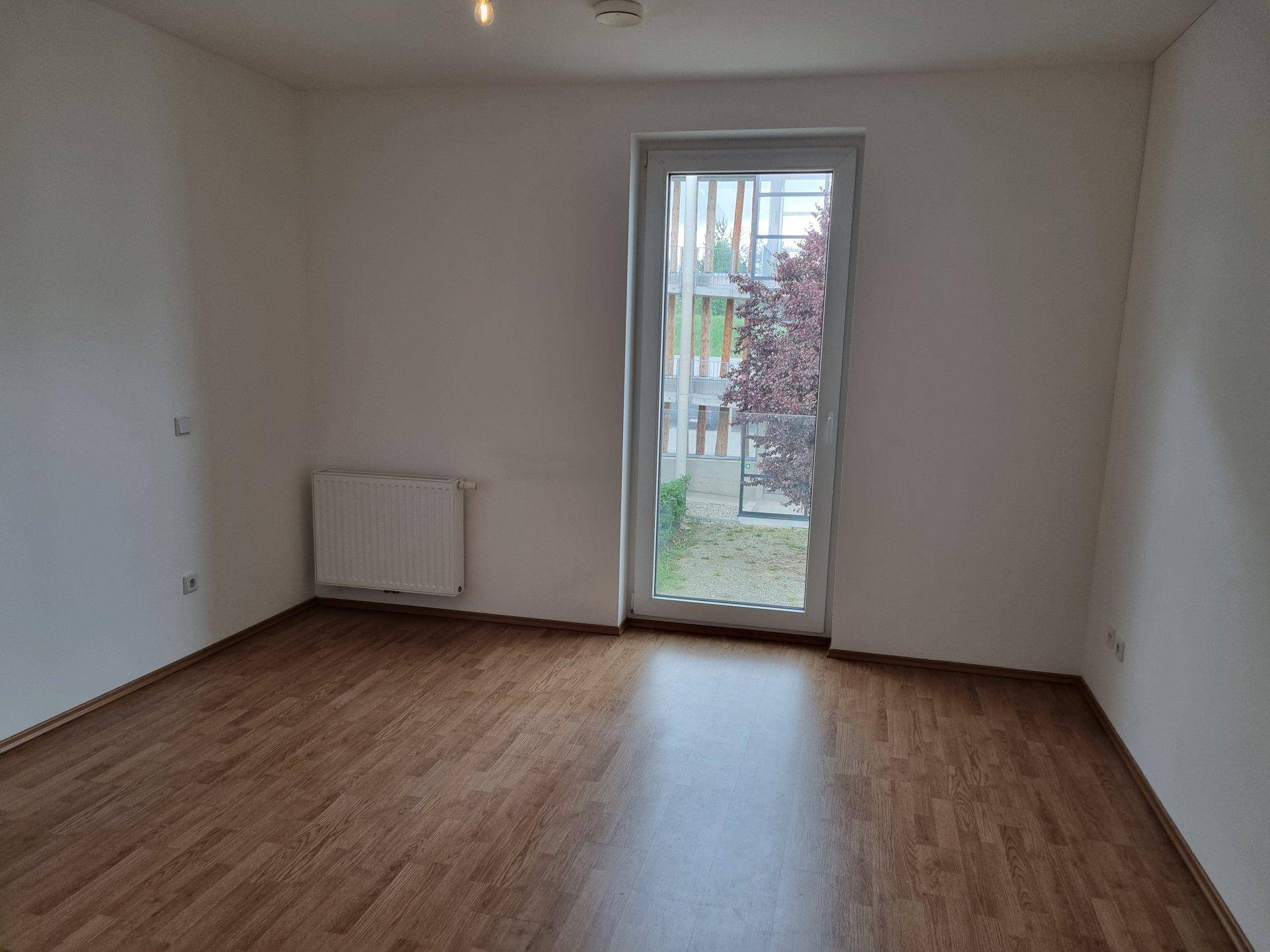 Leeres Zimmer mit Laminatboden, weißen Wänden und einem Fenster mit Zugang zu einem Außenbereich.