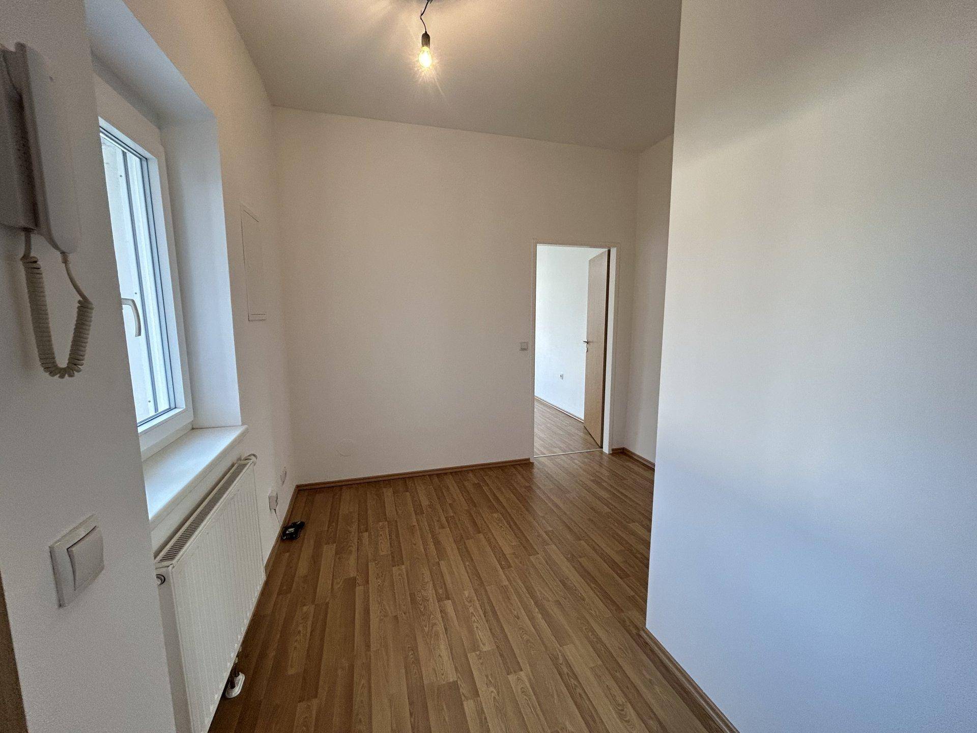 Heller Raum mit Laminatboden, weiß gestrichenen Wänden und einem Fenster.