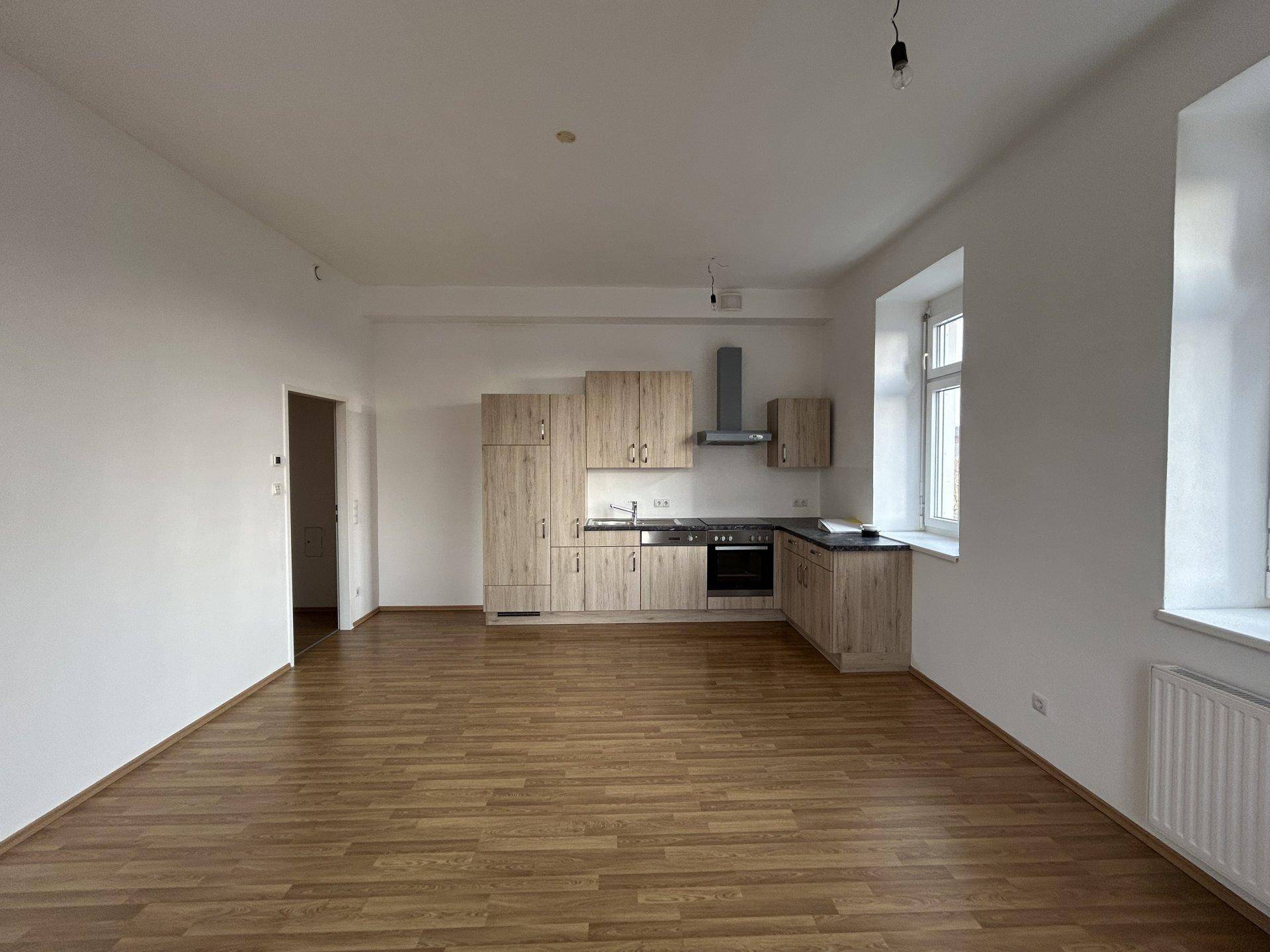 Offener Wohnbereich mit integrierter Küche in Holzoptik und Laminatboden.