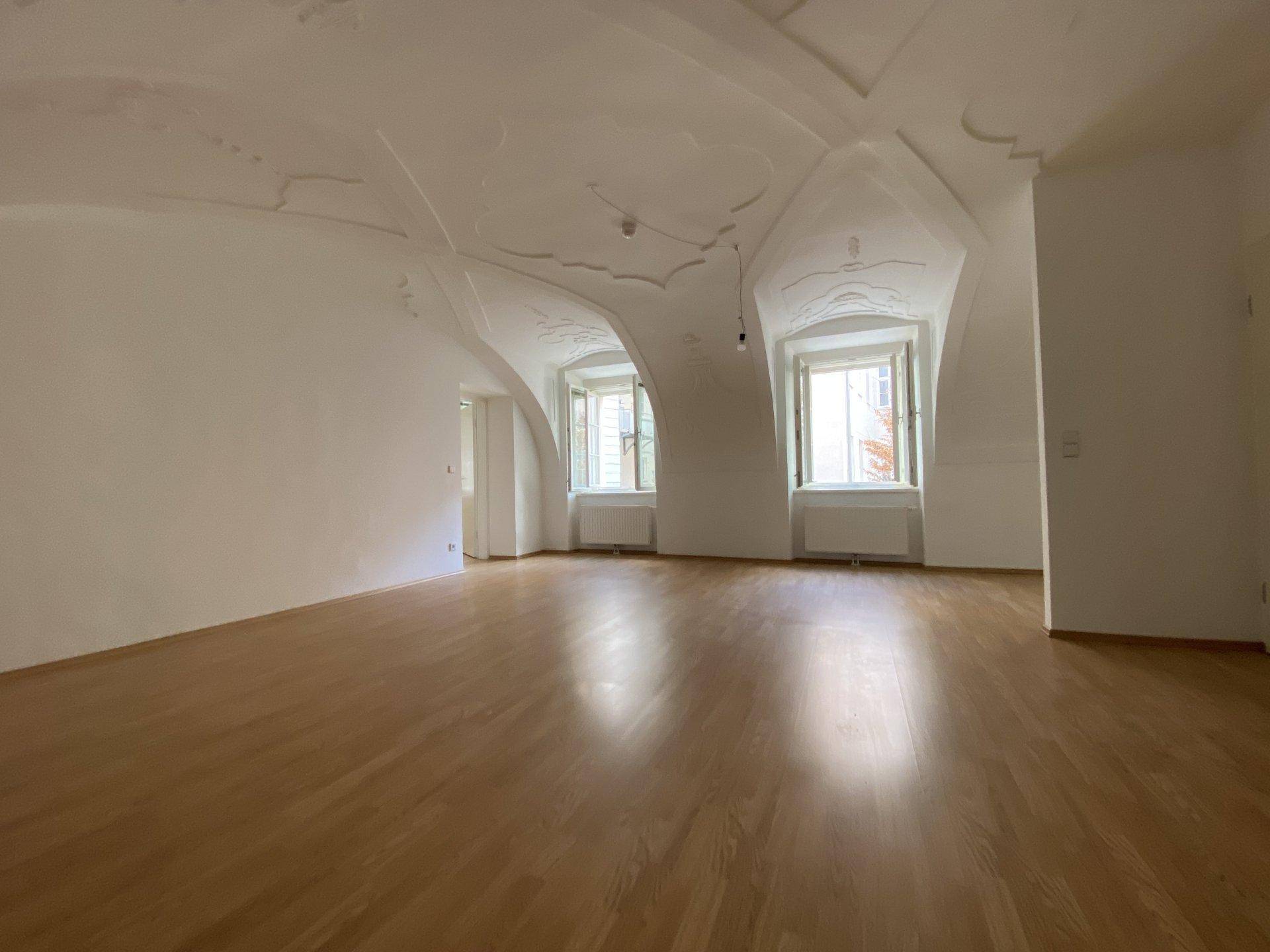 Großer, heller Raum mit Holzboden, zwei Fenstern und einer eleganten gewölbten Decke.