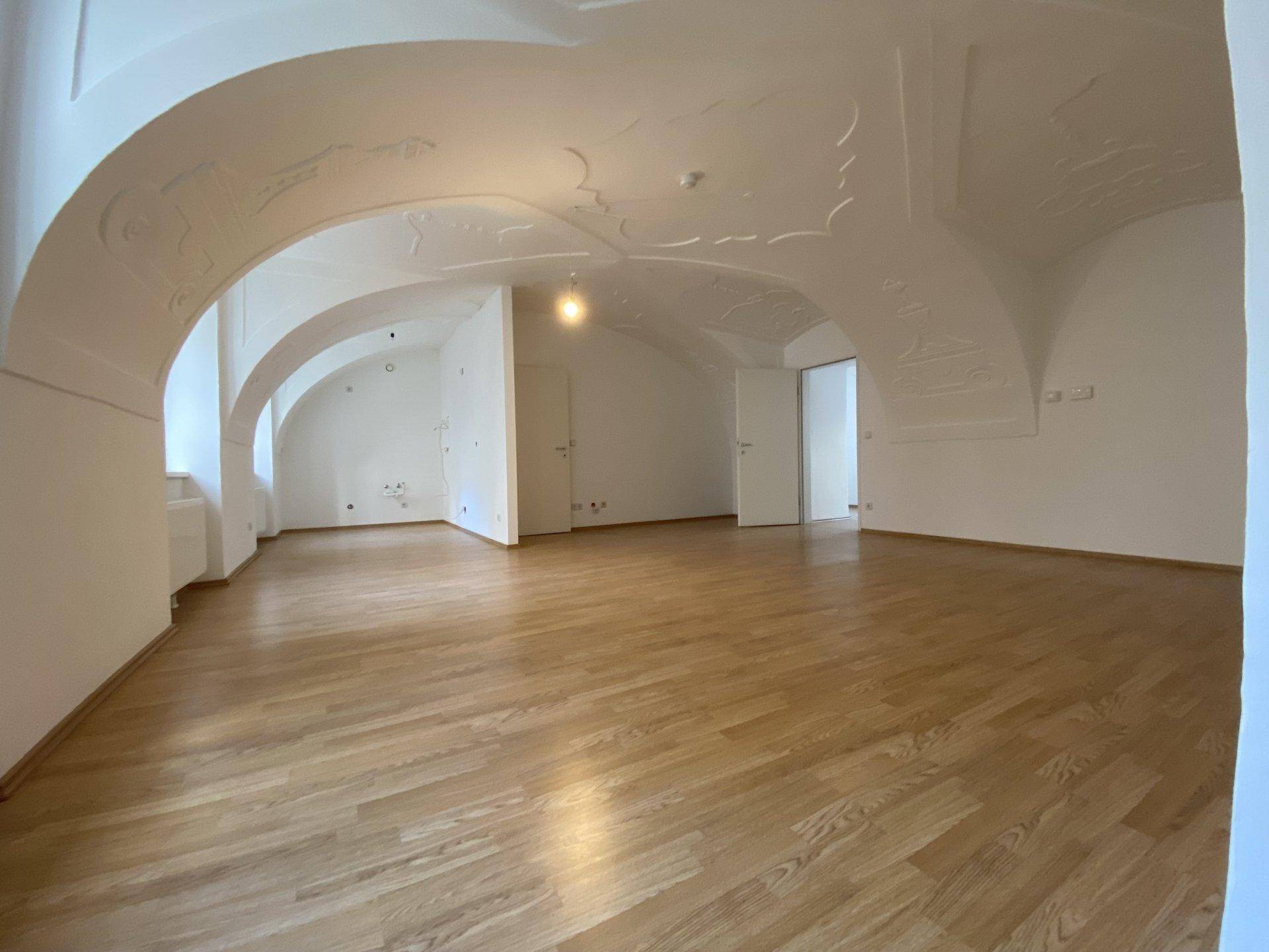 Geräumiger Wohnbereich mit Holzboden und beeindruckenden gewölbten Decken mit Stuckverzierungen.