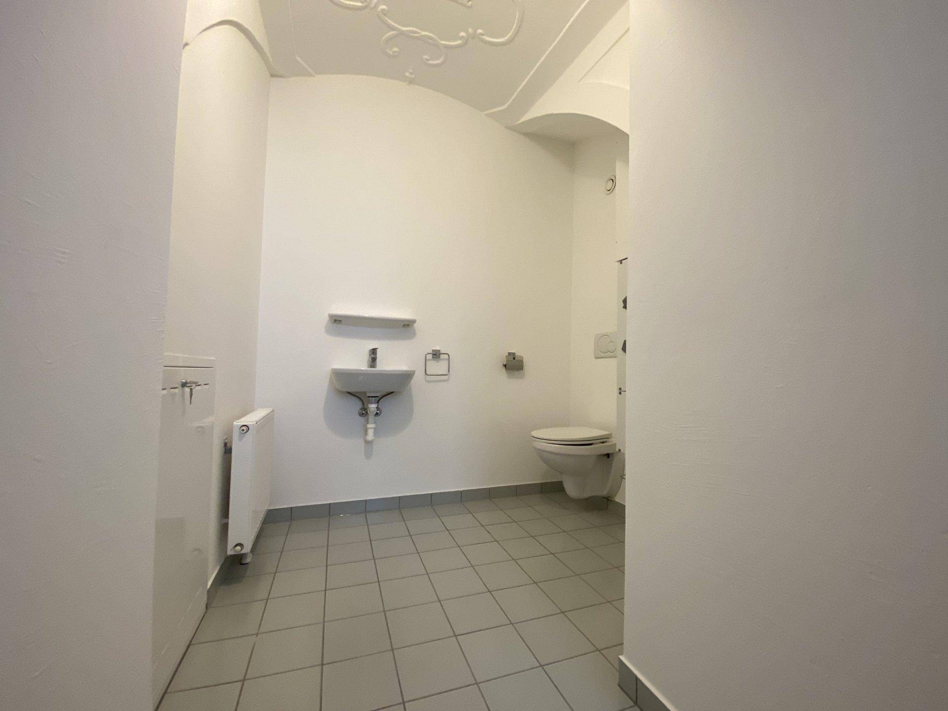 Funktionales Badezimmer mit Toilette, Waschbecken und hellgrauen Fliesen, gut beleuchtet.