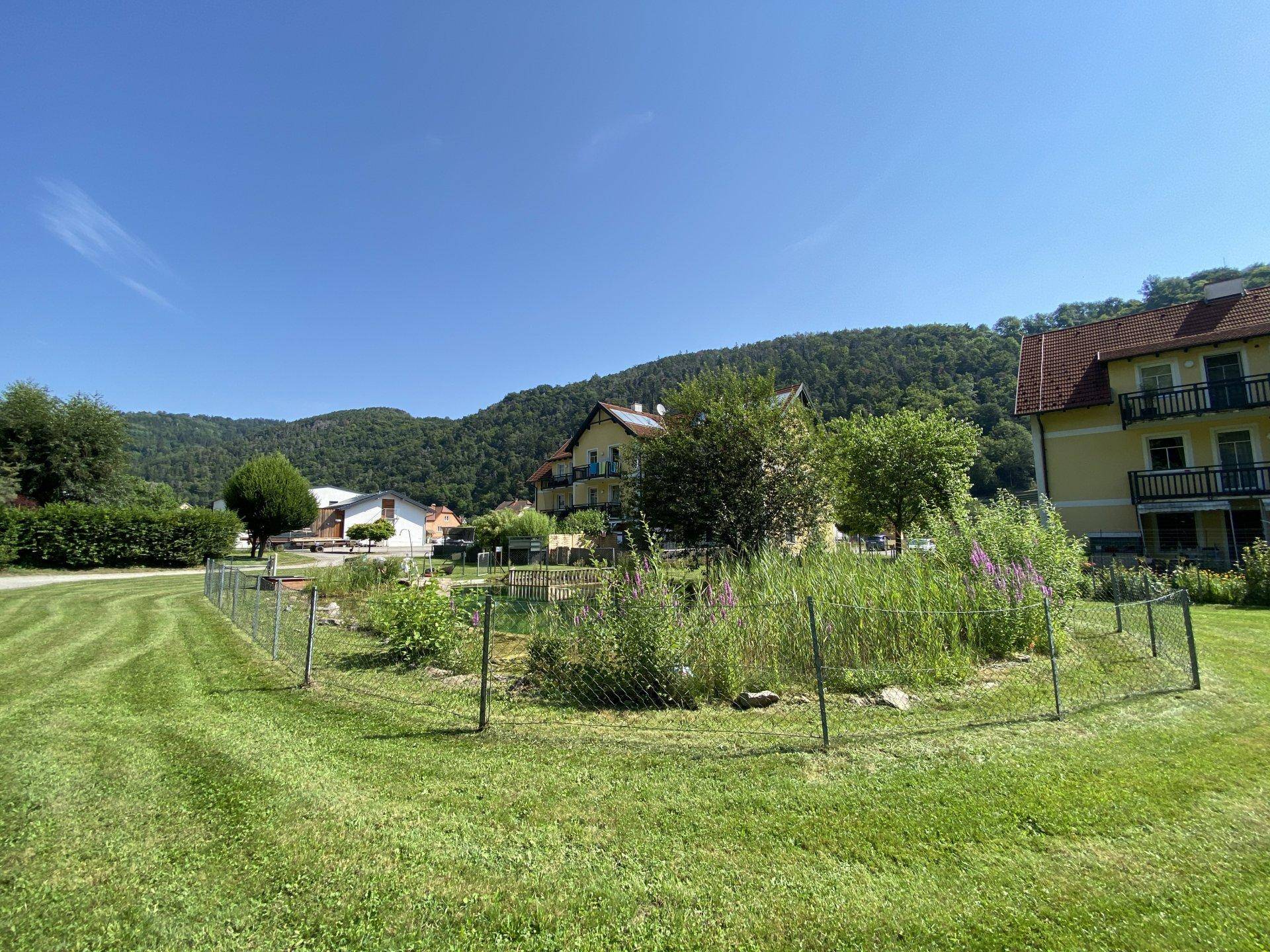 Weitläufige Rasenfläche mit einem kleinen umzäunten Gartenbeet und Blick auf die umliegenden Häuser und grünen Hügel.