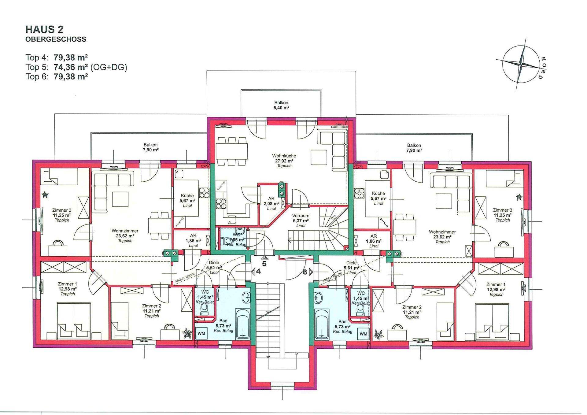 Grundriss des Obergeschosses von Haus 2 mit mehreren Wohneinheiten, Balkonen und funktionaler Raumaufteilung.