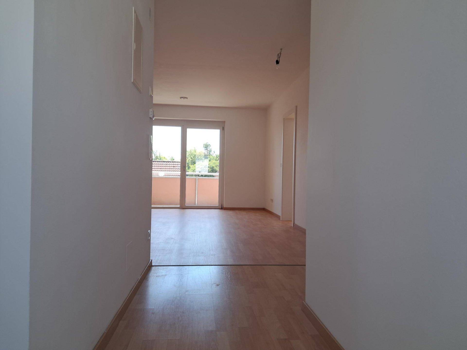 Heller Flur mit Laminatboden, der zu einem Raum mit Balkonzugang führt.