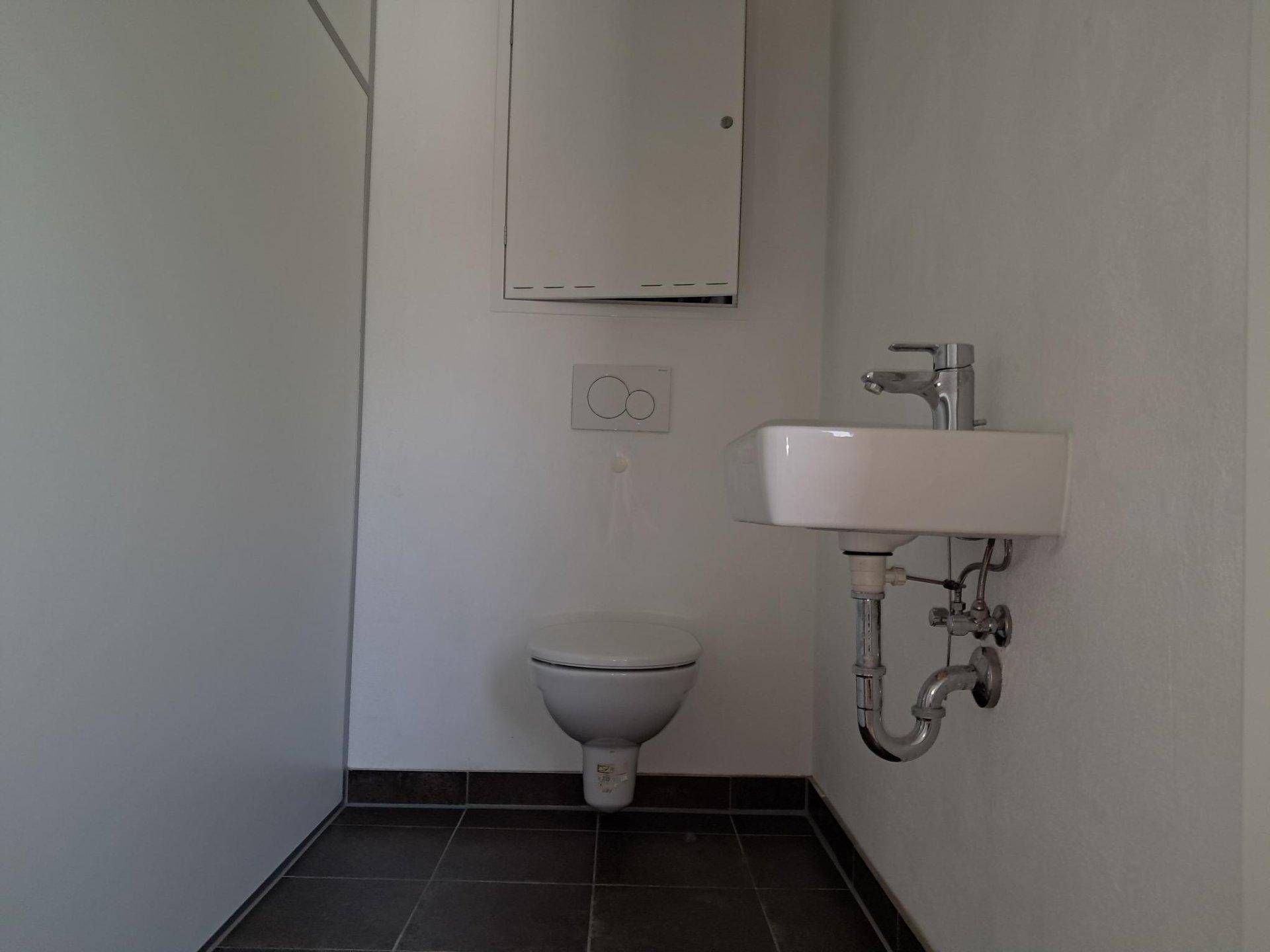 Kleines Gäste-WC mit Wand-WC, Waschbecken und einem Spiegelschrank.