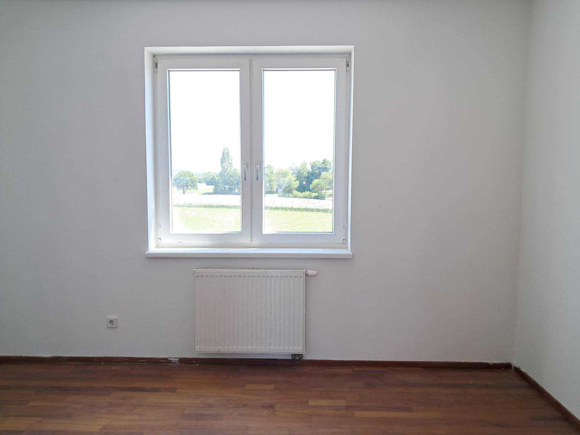 Geräumiges, leeres Zimmer mit dunklem Holzboden und weitem Blick auf die grüne Landschaft.